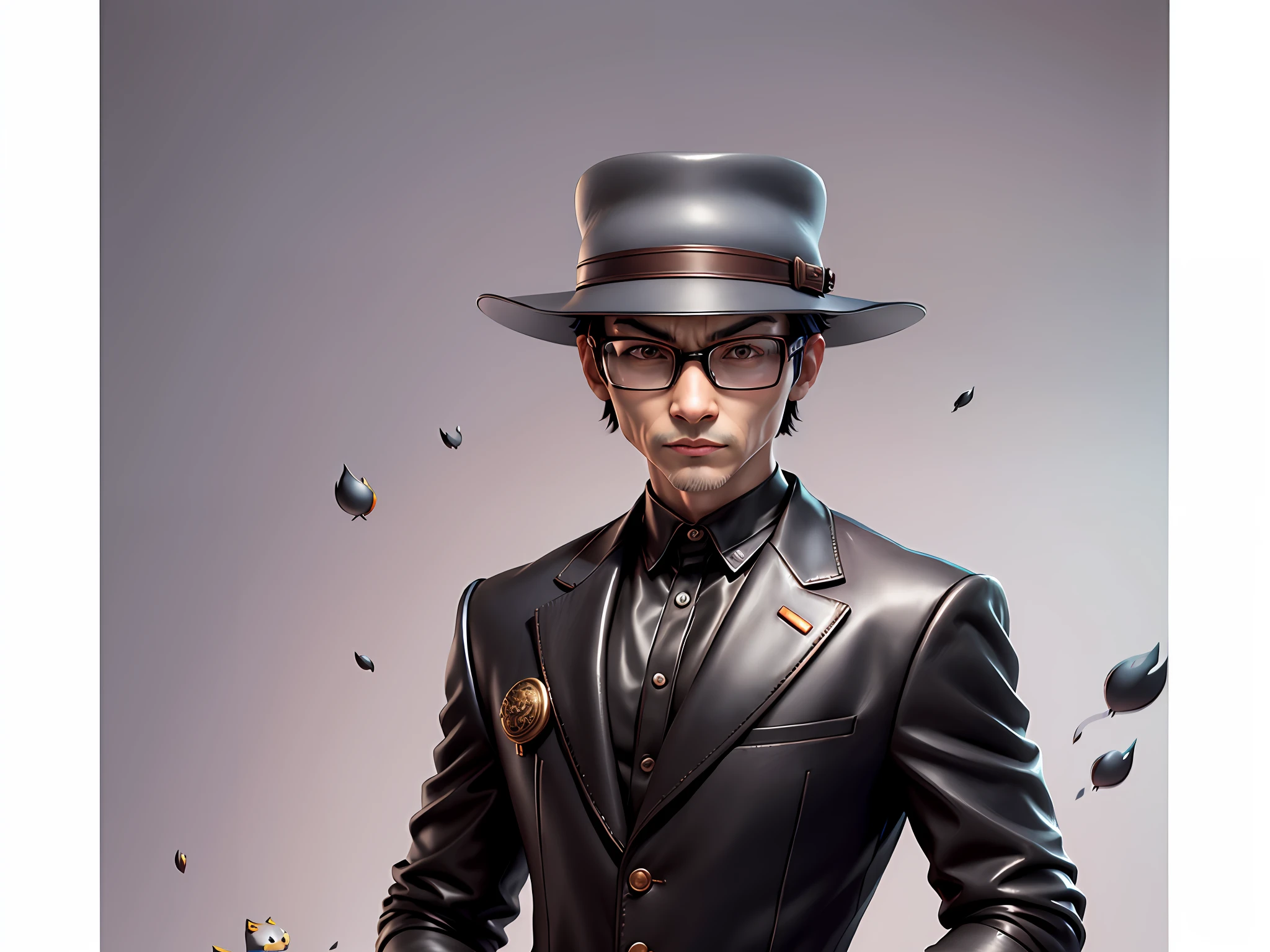 Young man with oriental face in leather hat, tiger, oriental face in formal suit, short black hair, silver glasses, digital painting, 3D character design by Mark Clairedon and Pixar and Hayao Miyazaki and Akira Toriyama, the illustration is a high-definition illustration in 4K resolution with very detailed facial features and cartoon-style visuals.