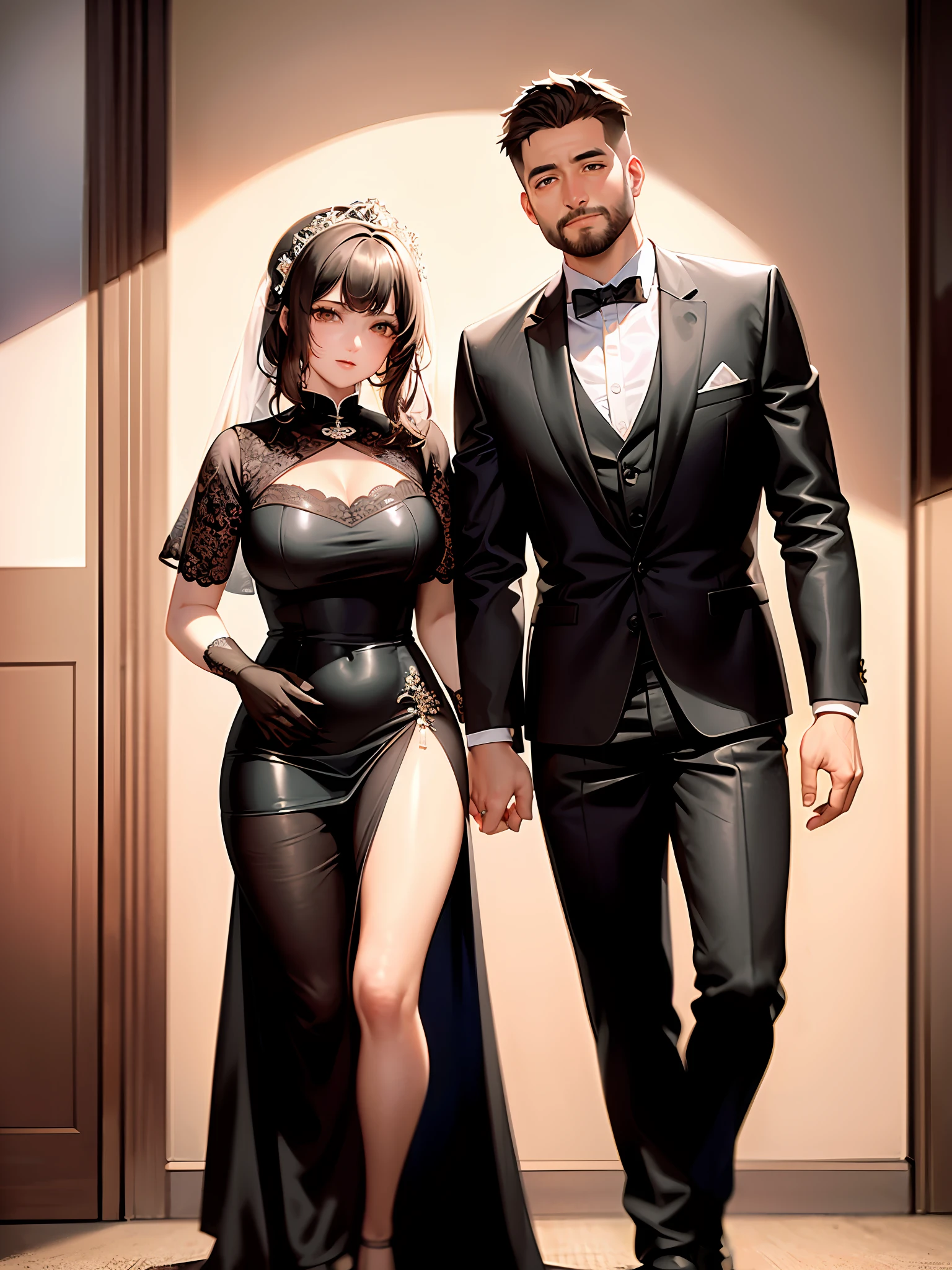 masterpiece, best quality, Rembrandt_Light,CG, wallpaper, HDR, high quality, HD, extremely detailed,A 30 year old woman and a 30 year old man are getting married in a sexy dress, and the woman is wearing short clothes,short dress,sexy wedding,SEXY WEDDING,SHORT DRESS,1girl,Chinese Wedding