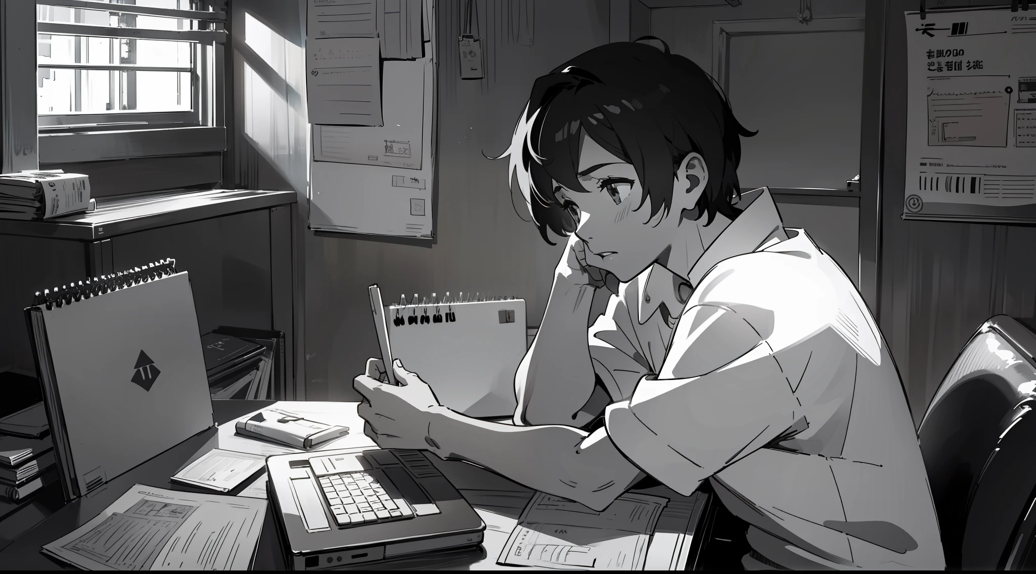 gia alone in him room writing diary on him laptop at night, melancholic expression, monochrome, chiaroscuro