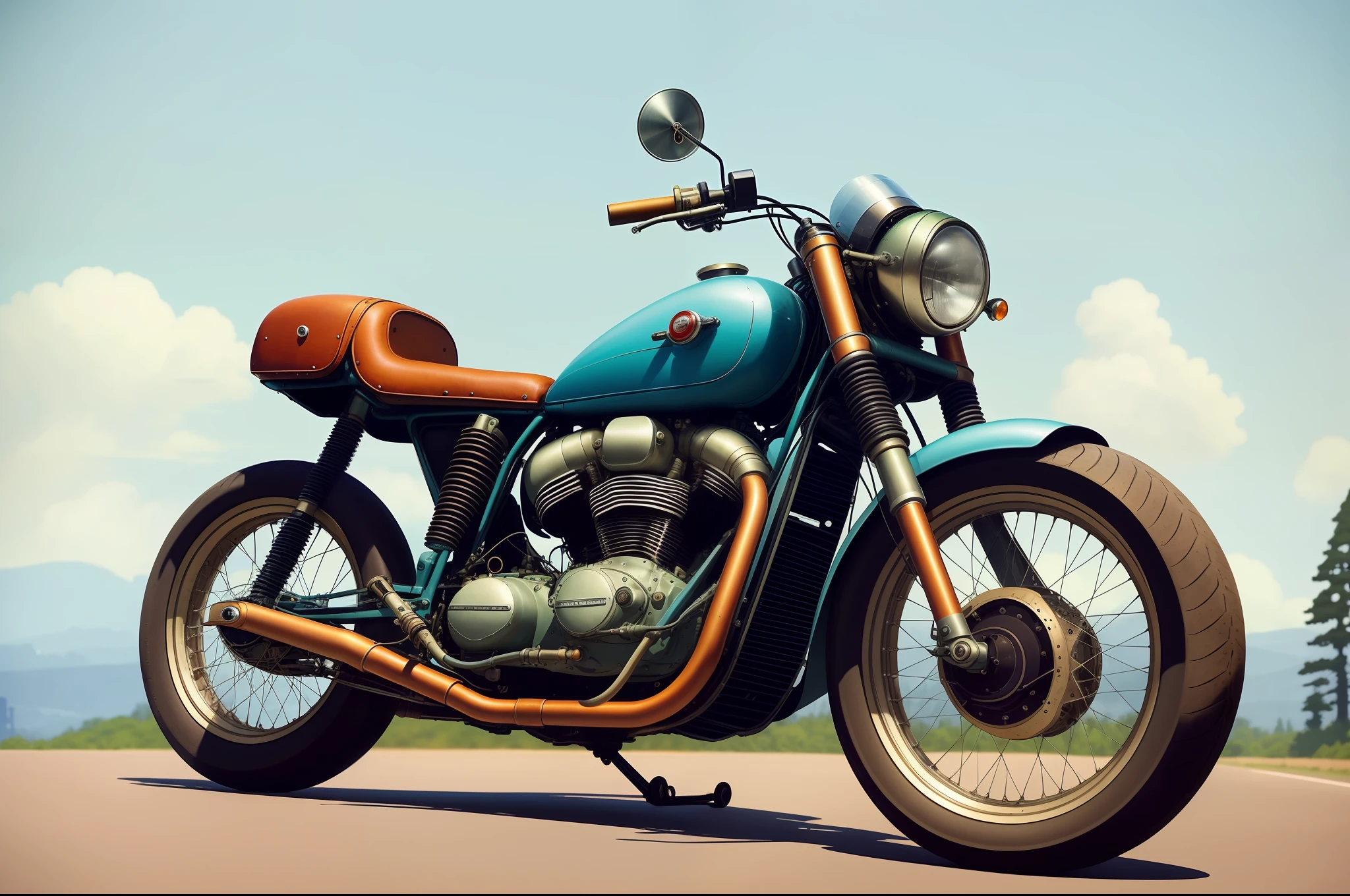 Vintage color motorcycle authentic details Designed by engineering + Simon Stalenhag, style of Laurie Greasley, Studio Ghibli, Akira Toriyama, James Illeard, Genshin Impact, 8K Resoultion, Hyper Realstic, Dieter Rams. detailed rendering. Smooth cam by Leon Eric Zener Dramatic, Mark Ryden and Pixar and Hayao Miyazaki,(((An extremely complex and advanced chassis)))