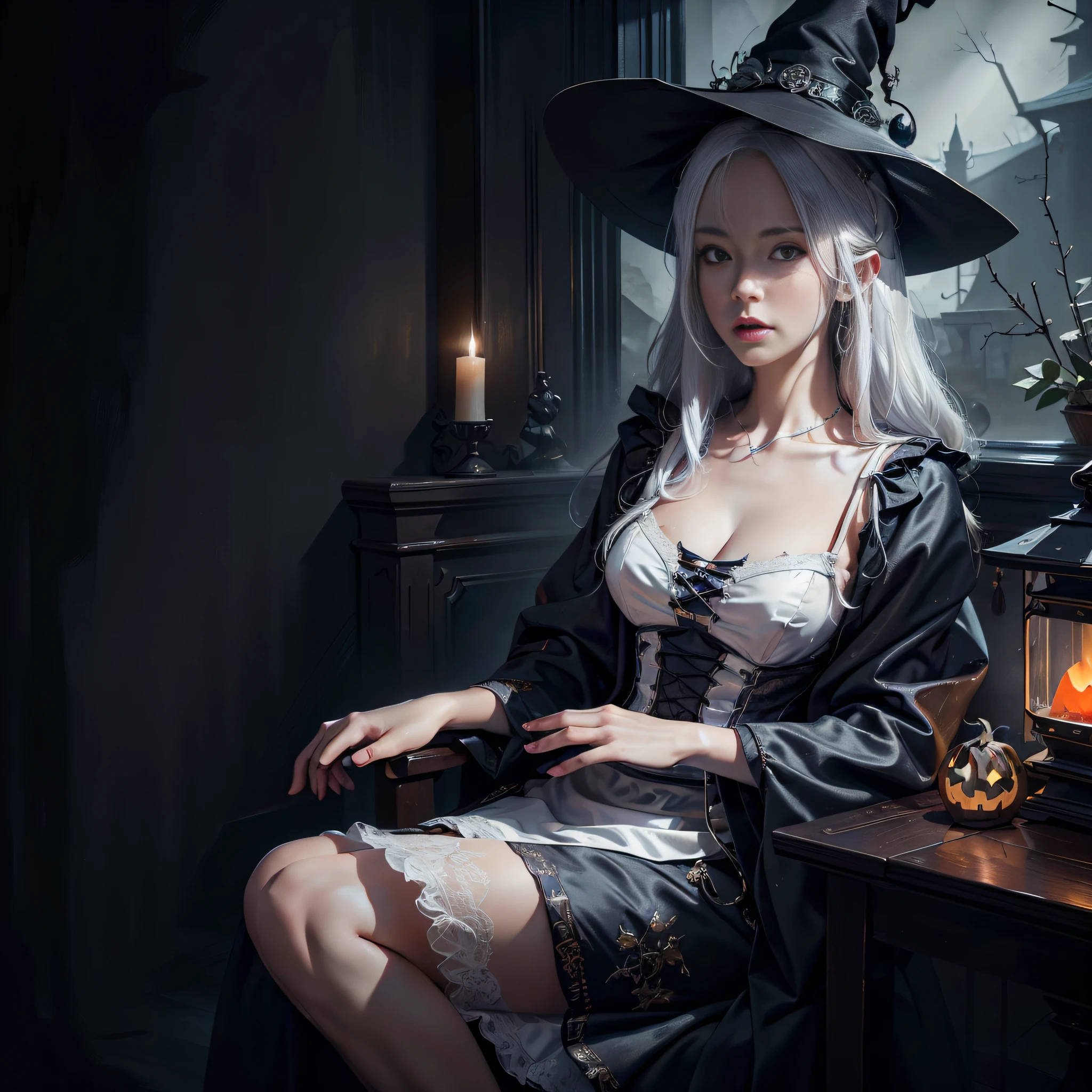 (masterpiece), (best quality), photorealism, realistic, ultra detailed, 8k resolution, (1girl), solo, beautiful girl, white hair, sexy, sexy maid dress, witch, front light, cinematic light, cold light, dark background, witch hat, indoor, mystery, fantasy, pumkin
