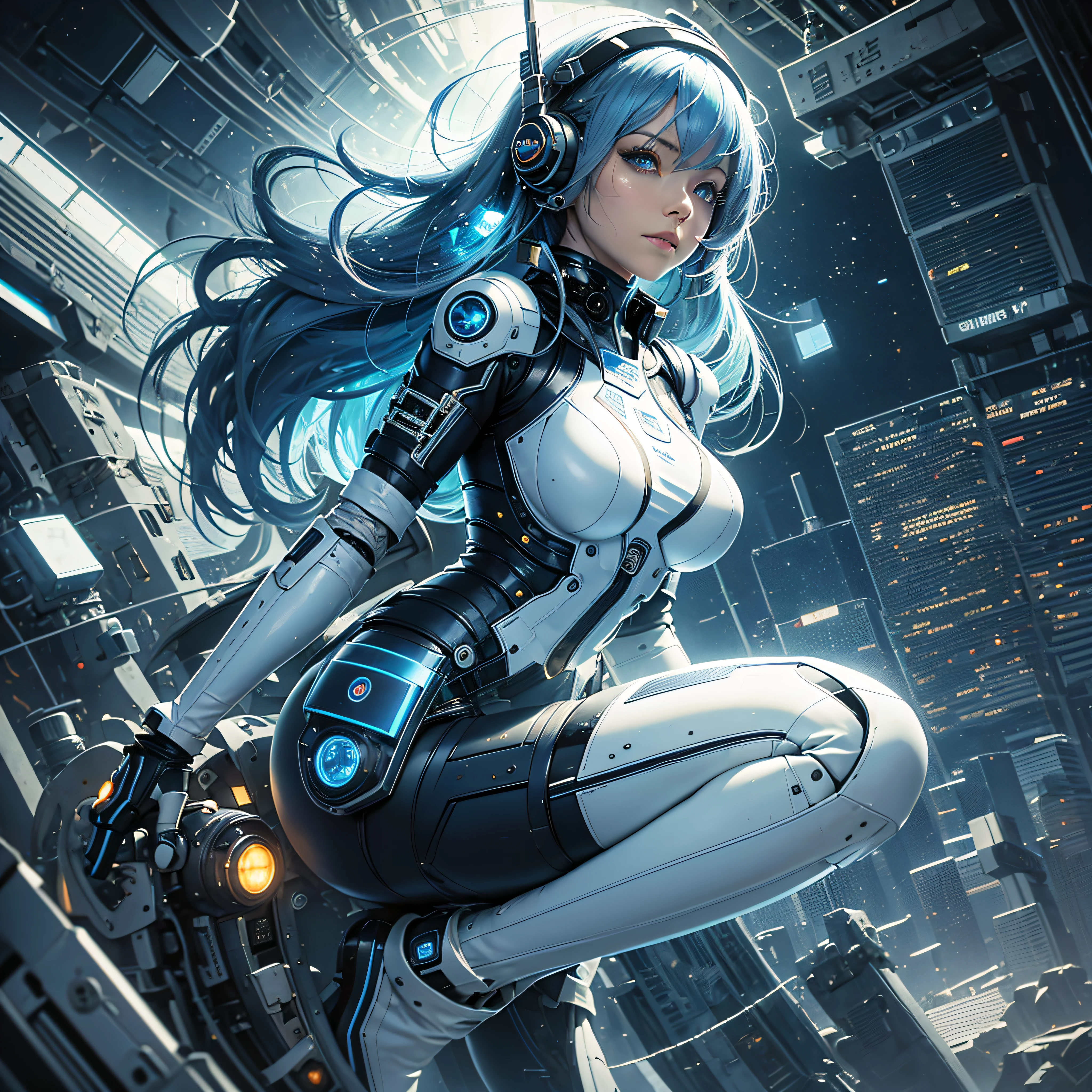 Full body, blue hair, blunt van, masterpiece, top quality, official art, album art, very elaborate CG Unity 8K wallpaper, lone girl, Japan girl, full body, super high resolution, (photorealistic: 1.4), dynamic angle, dynamic pose, mystical power, floating particles, reflection, so cute, sparkling blue color eyes, golden hour lighting, Pilot suit in white and blue and black colors, tight fitting clothes, full-body covering clothes, long boots, (puffy eyes), viewer looking, front-facing, beauty, medium breasts, shirt lift, metal wire, slim body, arm-length gloves, anime heroine, gentle smile, headset, detailed robot cockpit, super futuristic space