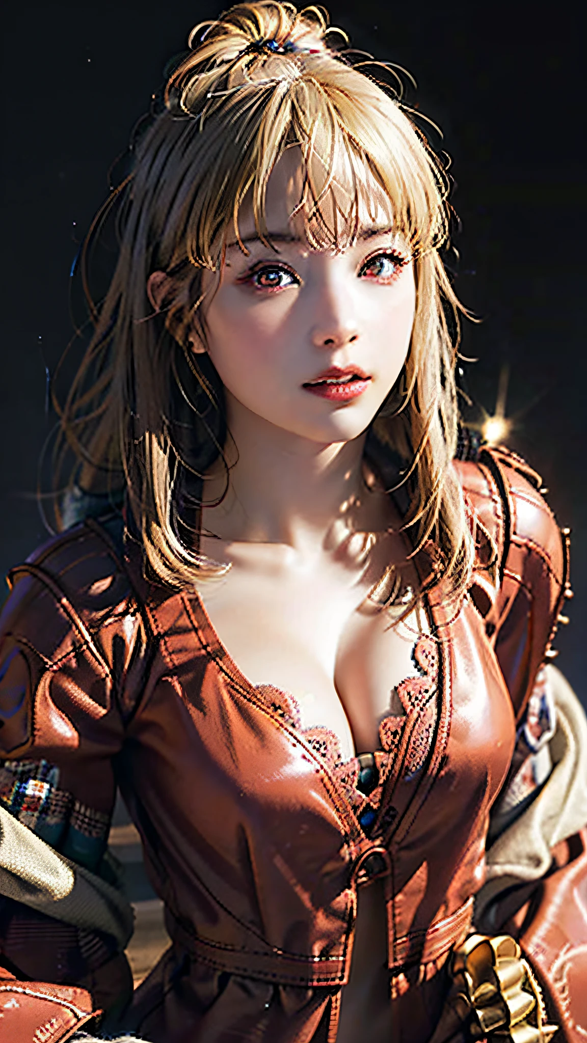 Unity 8k wallpaper, ultra detail, masterpiece, best quality, single woman, (very detailed),ultra detailed complex 3d rendering of face, (big: 8.8), (highly detailed skin: 1.2), (exposure: 1.1), beautiful caucasian woman with full soft breasts and white skin with big ass, dynamic angle, mystical expression, fire glow effect, fantasy background,big cleavage, breast hollow, Rim Lighting, Side Light, Cinematic Light, Ultra High Definition, 8k UHD,Best Shadow, Delicate, RAW, Light Particles, Detailed Skin Texture, Detailed Armor Texture, Detailed Face, Complex Detail, Ultra Detailed, Bright, Strong, Red Armor, Cleavage, (((Blonde)), Glowing red eyes, Long pink cloak, Fantasy, (Realistic),