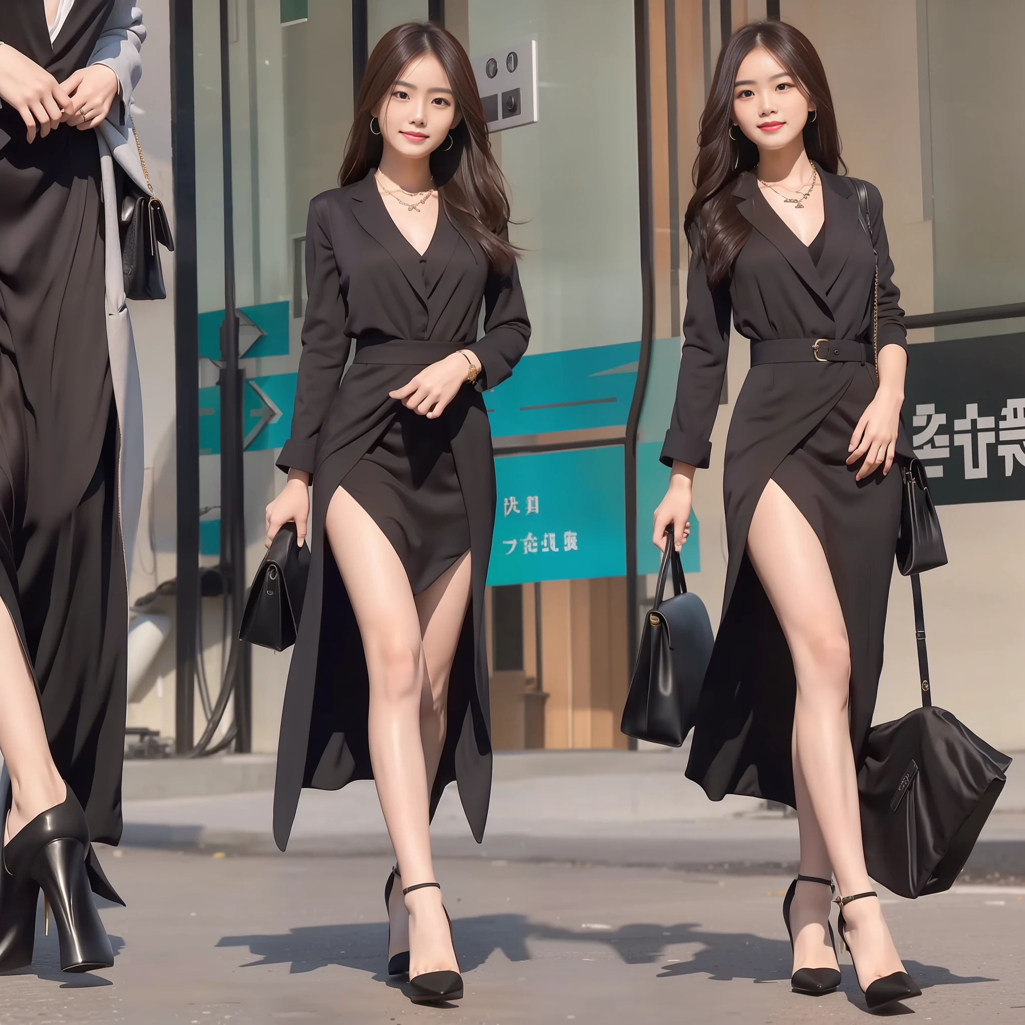 (Best quality, 8k, 32k, masterpiece, UHD: 1.2), photo of a beautiful Chinese woman, (detailed face: 1.1), simple black suit, looking at the audience, full body photo: 1.2, necklace, dress shirt, smile, lower body long skirt, slim figure, long legs, high heels: 1.3, tall, height 1.7m: 1.4