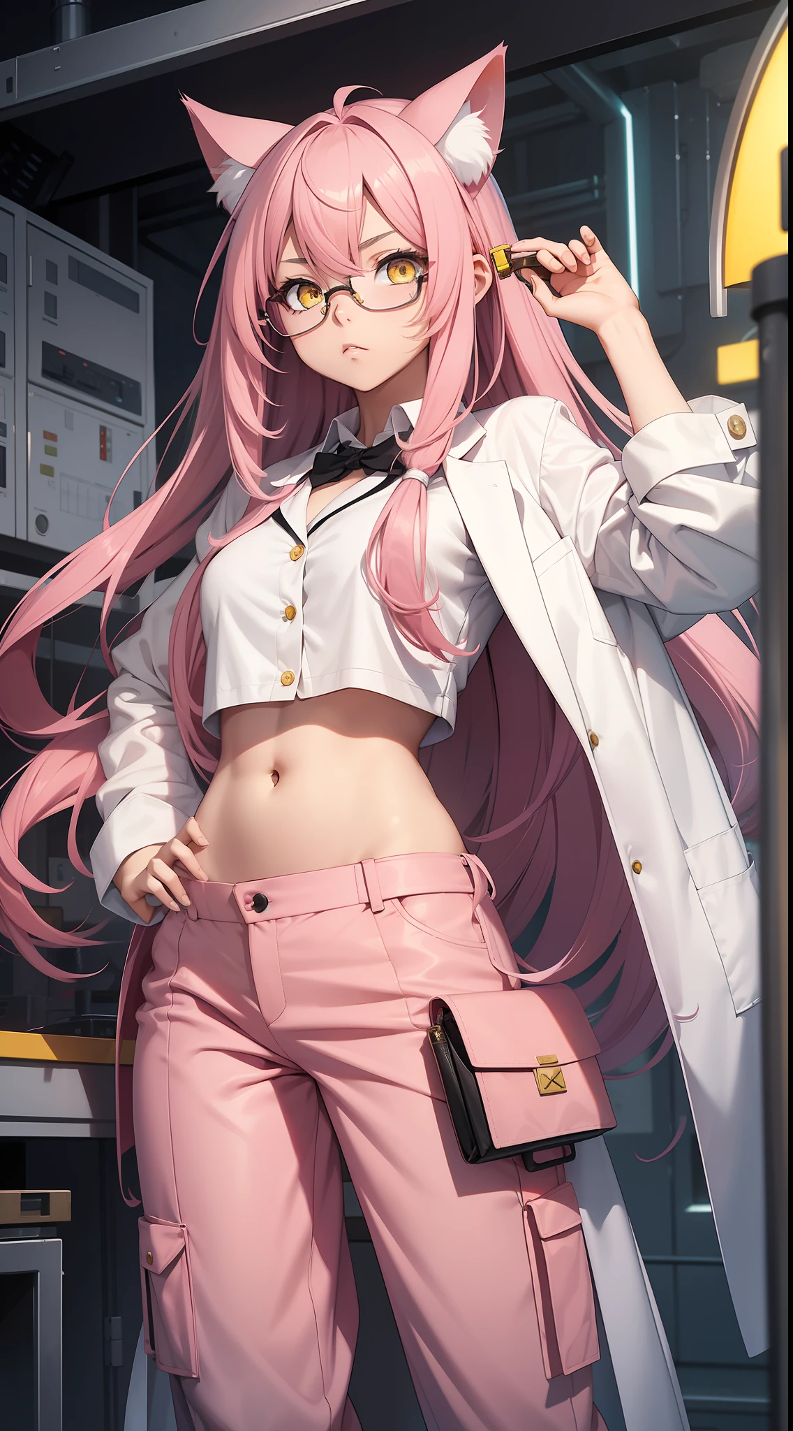 Young girl, long pink hair, yellow eyes, cat ears, glasses, lab coat, pants, open belly, serious look, masterpiece, high quality