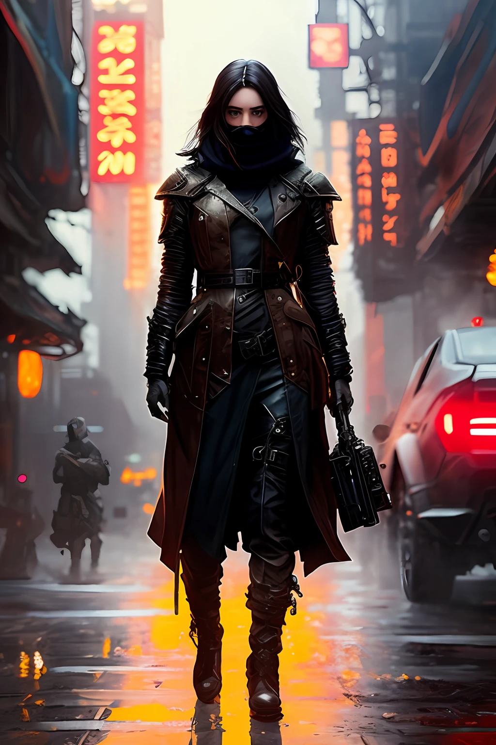 Blue-eyed, black-haired woman wearing an old, military-looking overcoat at night in a cyberpunk-looking city using an m4 weapon in a realistic style dystopian future reality