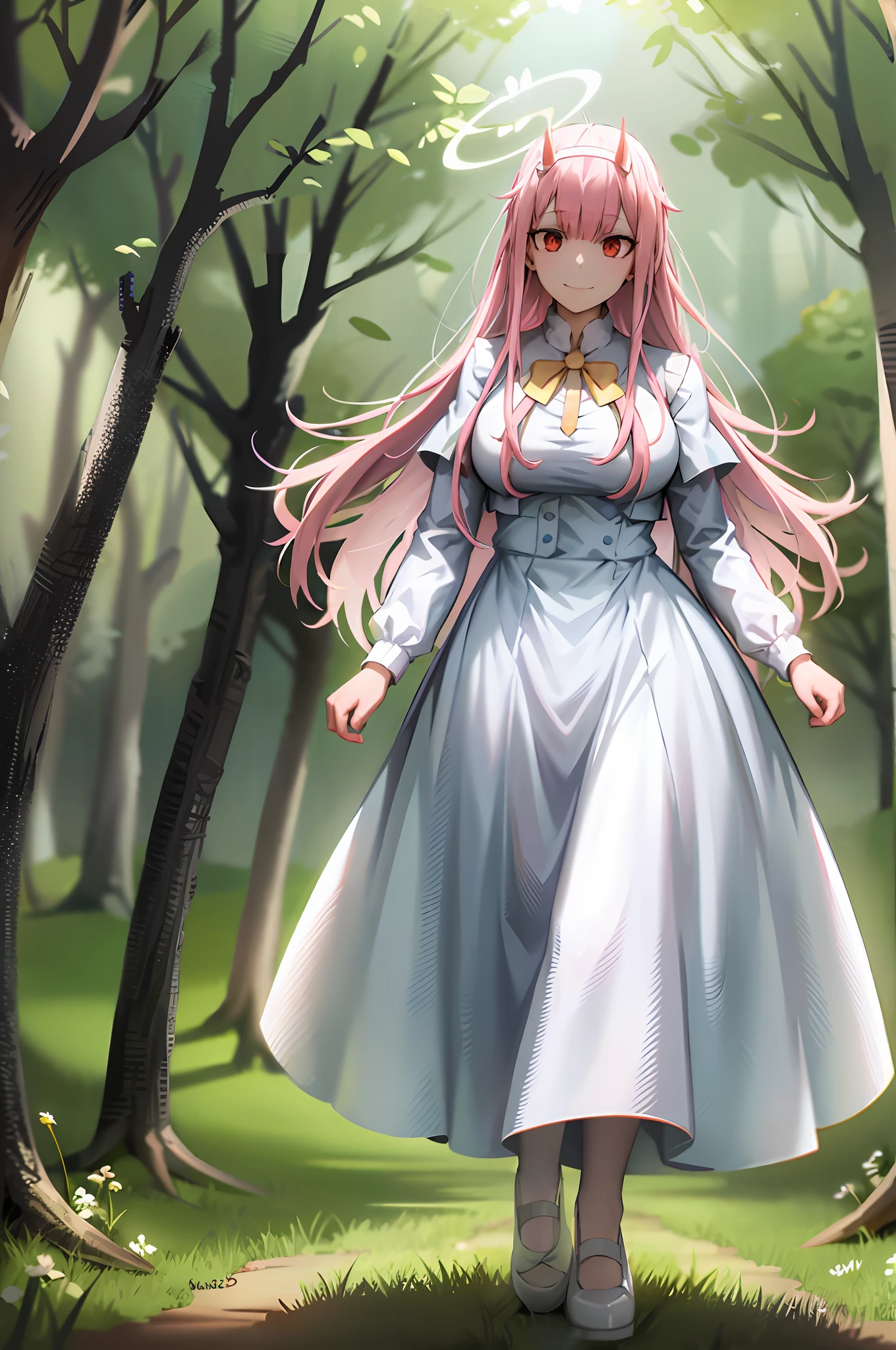 long dress, oni girl, zero two, white dress, white dress, angel halo, rainbow halo, full body, portrait, medium breast, walking, forest, coat, vest, buttlern long skirt, Victorian fabrics, smile ,happy