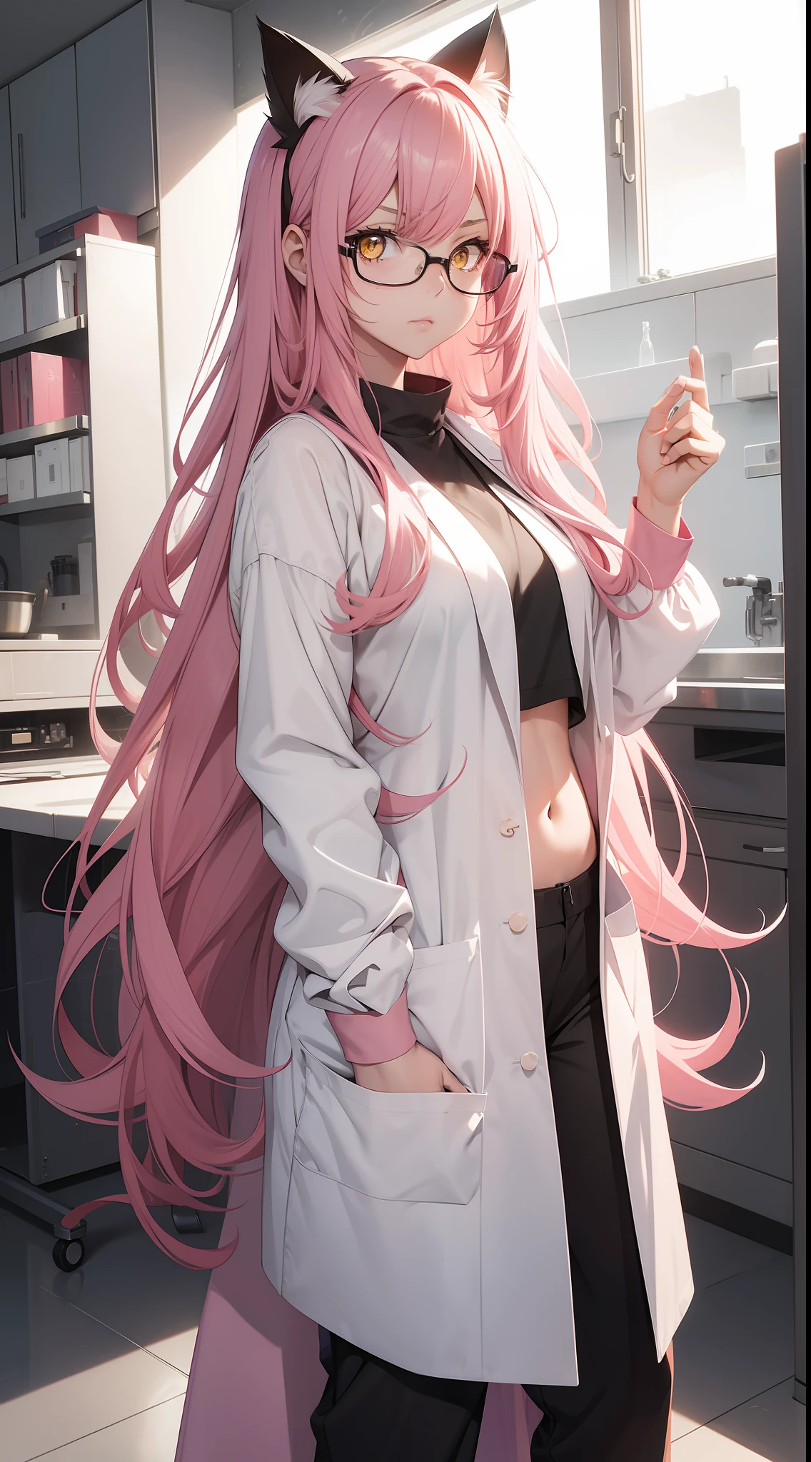 Young girl, long pink hair, yellow eyes, cat ears, glasses, lab coat, pants, open belly, serious look, masterpiece, high quality