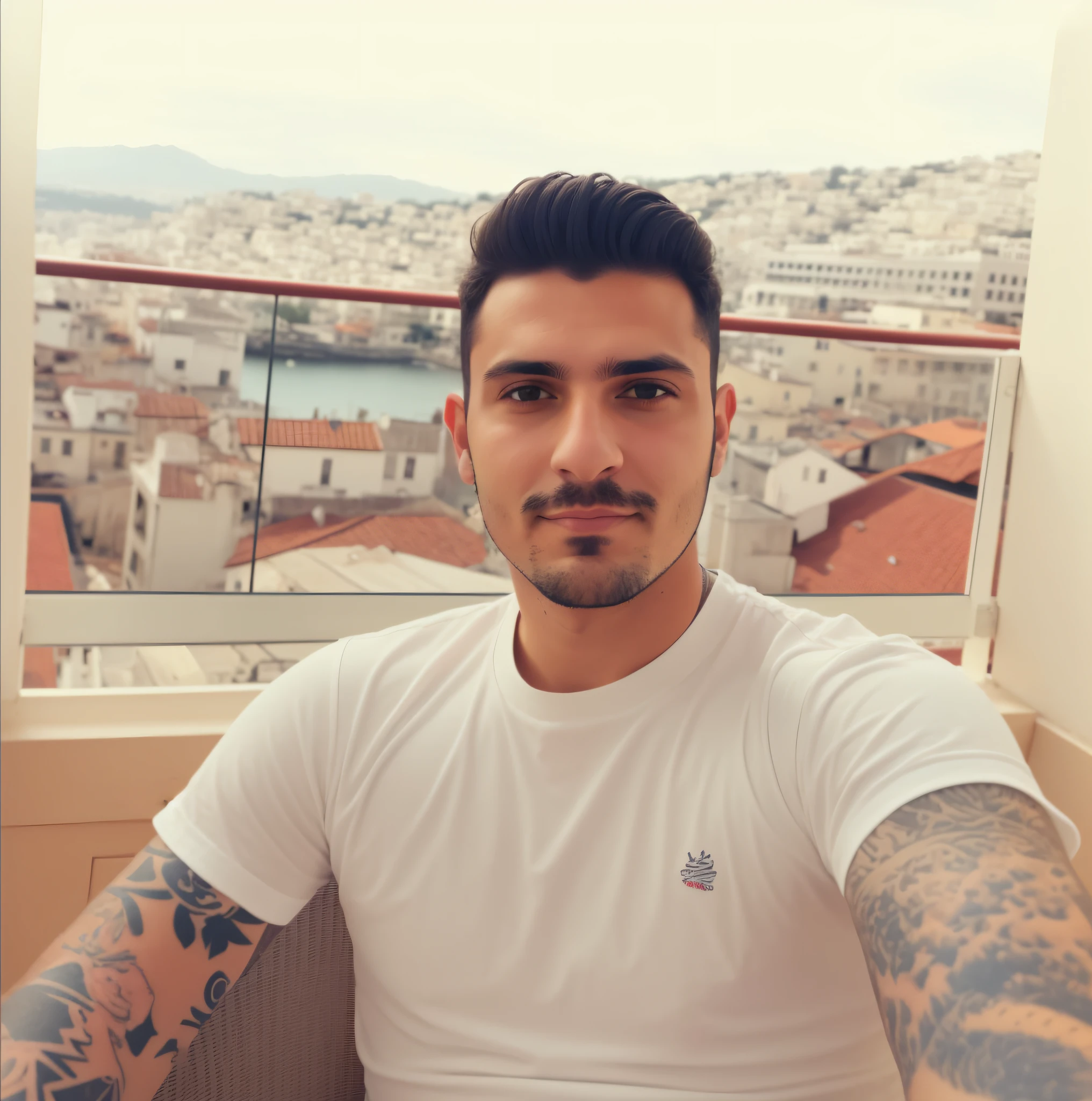 arafed man with a beard and tattoos sitting on a balcony, profile image, raphael personnaz, romain jouandeau, profile photo, profile pic, 2 9 years old, profile picture 1024px, 3 2 years old, 2 8 years old, taken in the early 2020s, alexandros pyromallis --auto --s2