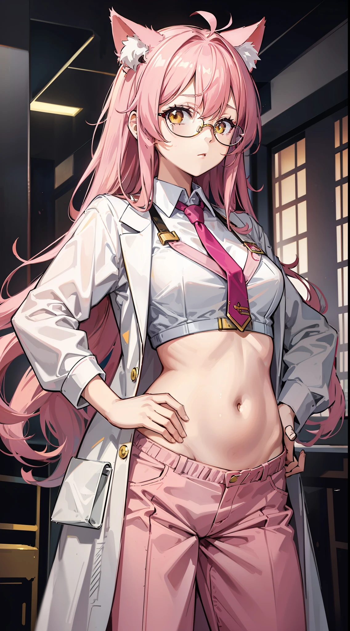 Young girl, long pink hair, yellow eyes, cat ears, glasses, lab coat, pants, open belly, serious look, masterpiece, high quality