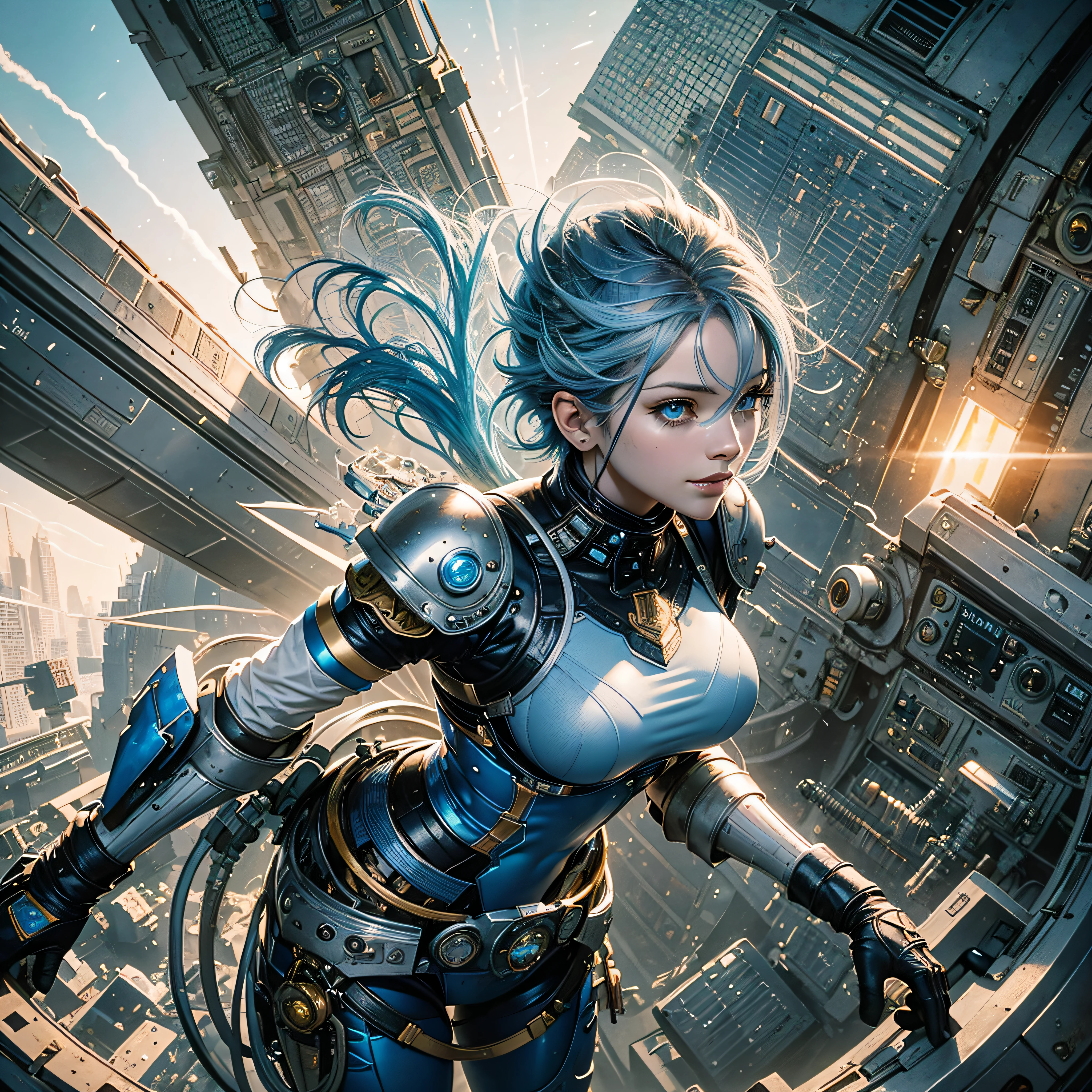 Full body, blue hair, (Dragoon: 1.2), Brantovan, masterpiece, top quality, official art, very elaborate CG Unity 8K wallpaper, for girls, ultra high resolution, (photorealistic: 1.4), golden hour lighting, pilot suit in white and blue colors, (platinum shorthair: 0.8), (puffy eyes), looking at the viewer, facing forward, smile, medium breasts, shirt lift, gloves, short hair, long boots,