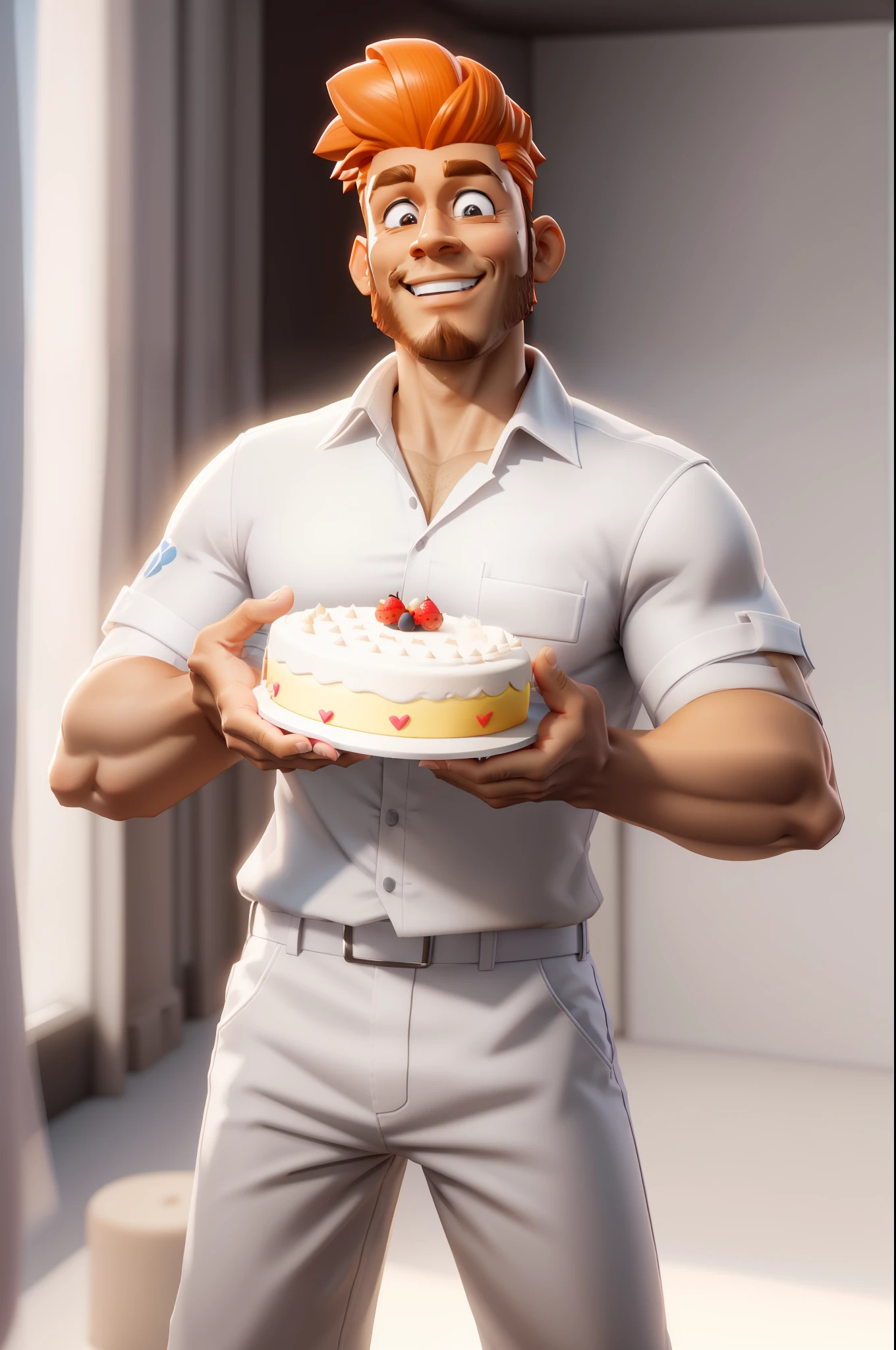 Chibi Arafed man holding a cake with a big smile on his face, Arnold Maya render, highly detailed character, Arnold render, Arnold 3 d render, Arnold 3d render, 3 d character, 3d character, for rent 3d artist, 3 d render character, clay render, 3 d render stylized, smooth 3d cg render, maxwell render