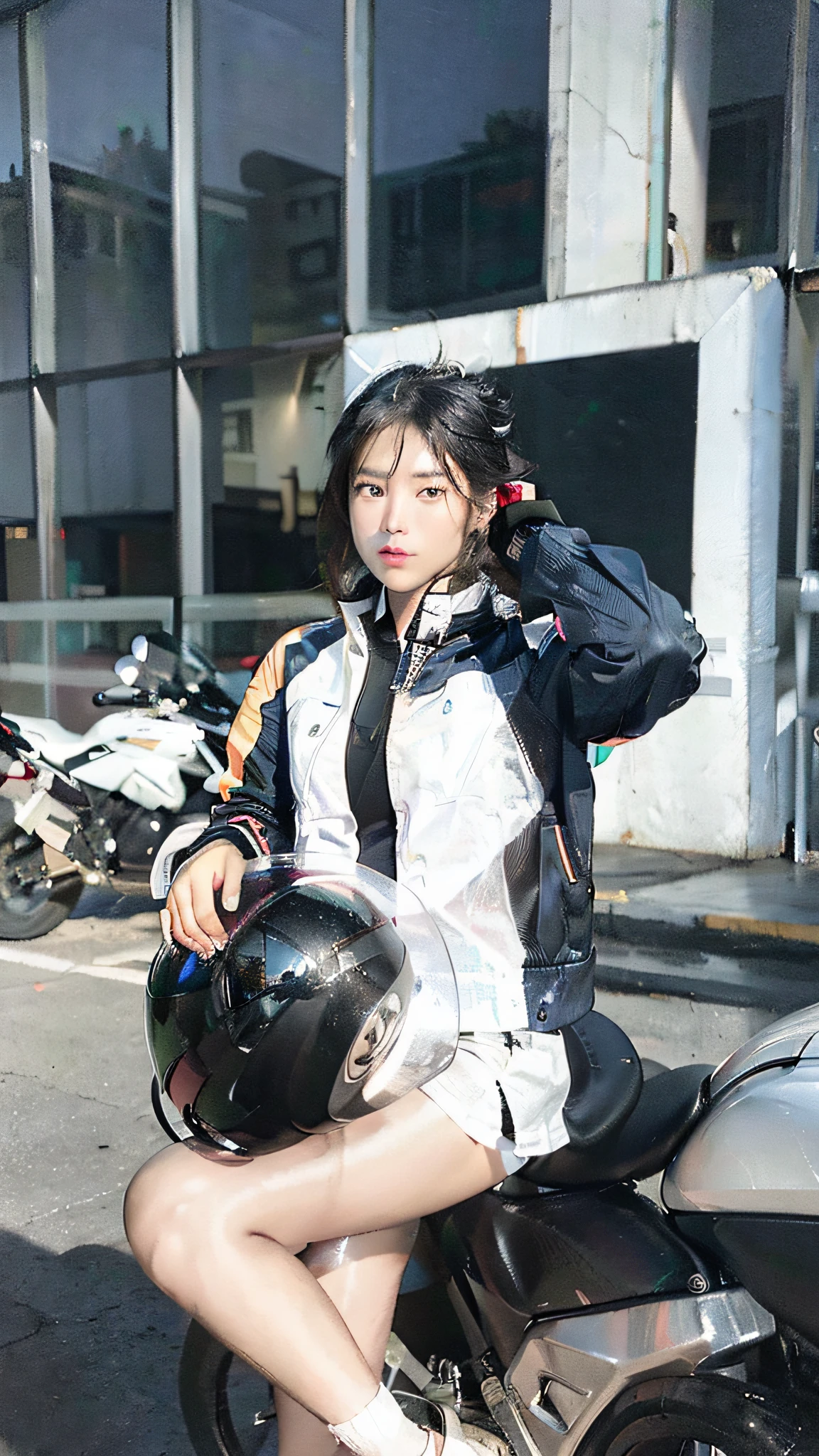 woman sitting on a motorcycle with a helmet on and a cell phone to her ear, 2 techwear women, photograph of a techwear woman, sha xi, motorbiker, biker, jacket, picture of a female biker, kanliu666, 🤬 🤮 💕 🎀, e - girl, e-girl, 🚿🗝📝, thunder, motorcycle