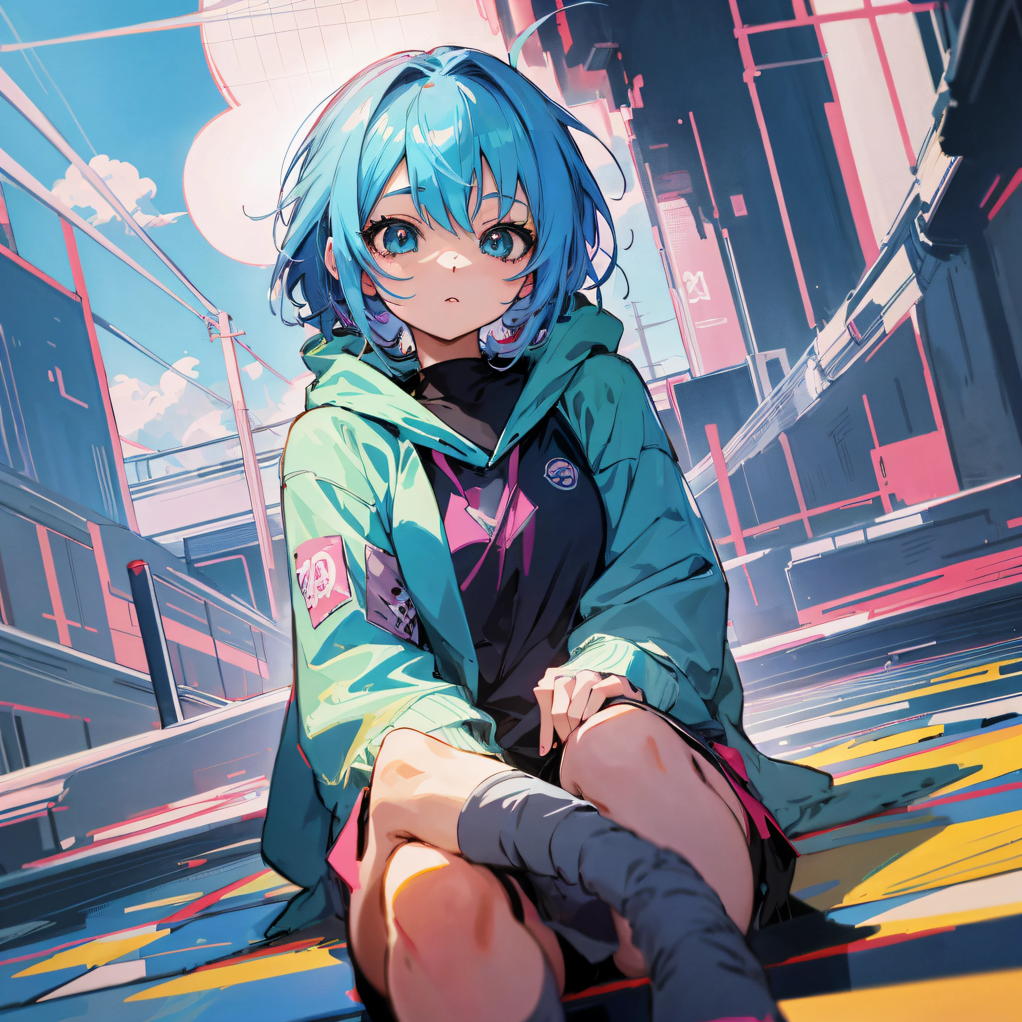 anime girl sitting on the ground in a city with a blue hair, anime style 4 k, anime girl with teal hair, digital cyberpunk anime art, best anime 4k konachan wallpaper, anime moe artstyle, anime styled digital art, anime art wallpaper 8 k, mikudayo, cyberpunk anime girl in hoodie, anime art wallpaper 4 k