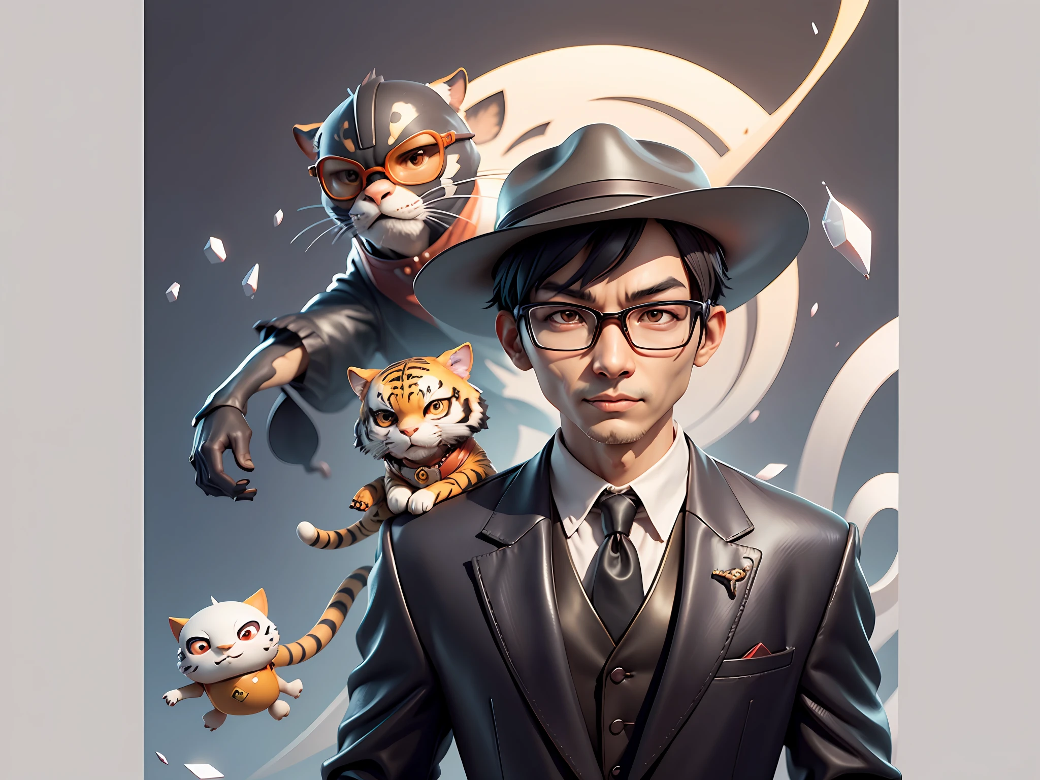 Young man with oriental face in leather hat, tiger, oriental face in formal suit, short black hair, silver glasses, digital painting, 3D character design by Mark Clairedon and Pixar and Hayao Miyazaki and Akira Toriyama, the illustration is a high-definition illustration in 4K resolution with very detailed facial features and cartoon-style visuals.