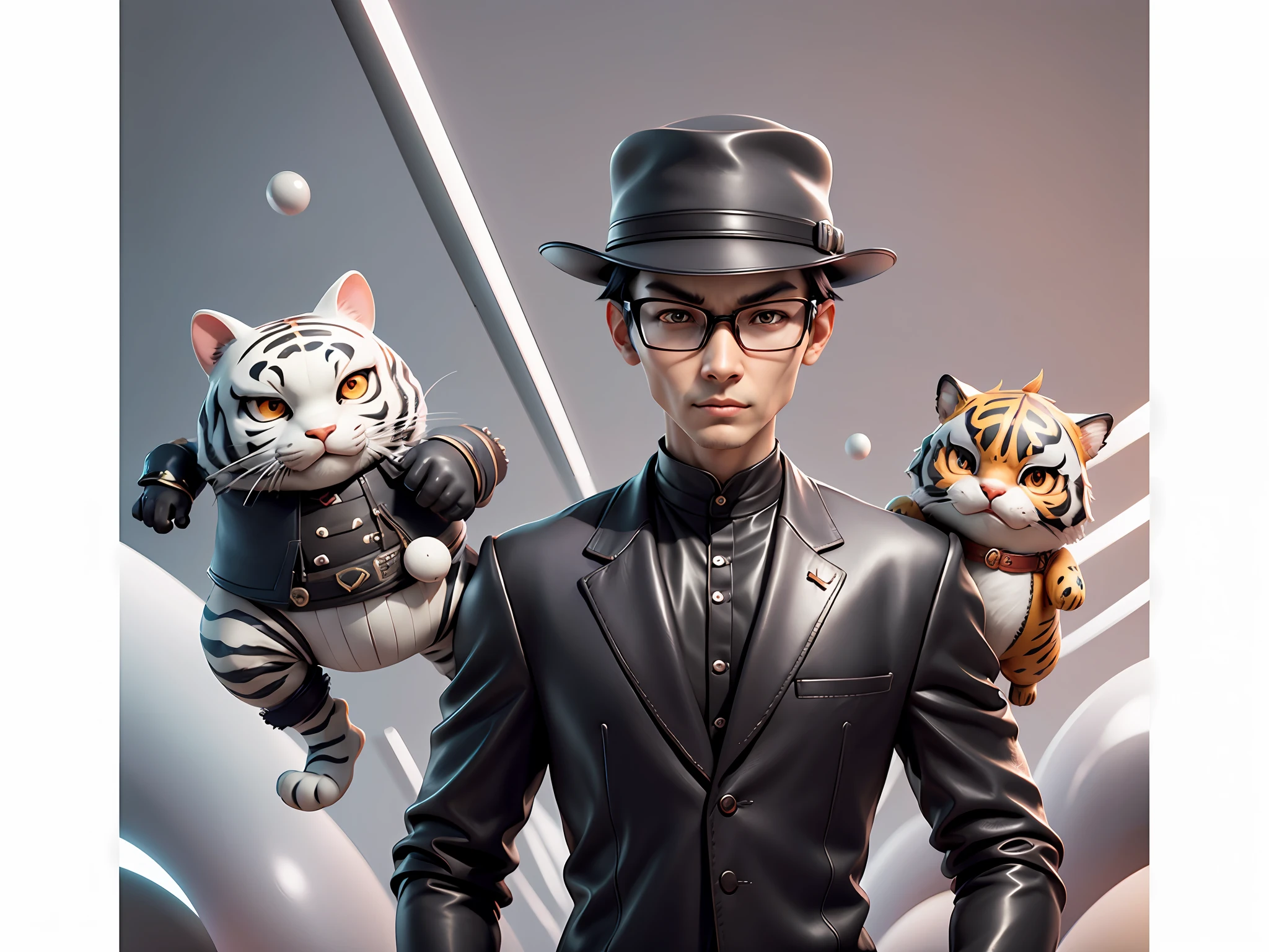 Young man with oriental face in leather hat, tiger, oriental face in formal suit, short black hair, silver glasses, digital painting, 3D character design by Mark Clairedon and Pixar and Hayao Miyazaki and Akira Toriyama, the illustration is a high-definition illustration in 4K resolution with very detailed facial features and cartoon-style visuals.