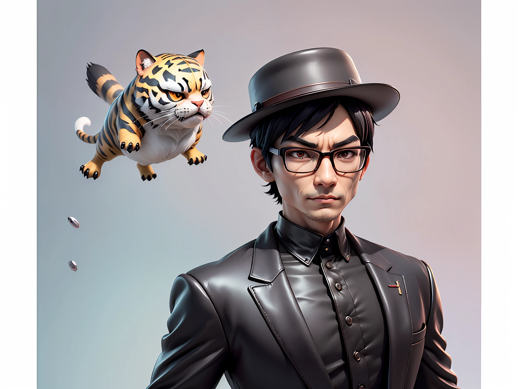 Young man with oriental face in leather hat, tiger, oriental face in formal suit, short black hair, silver glasses, digital painting, 3D character design by Mark Clairedon and Pixar and Hayao Miyazaki and Akira Toriyama, the illustration is a high-definition illustration in 4K resolution with very detailed facial features and cartoon-style visuals.