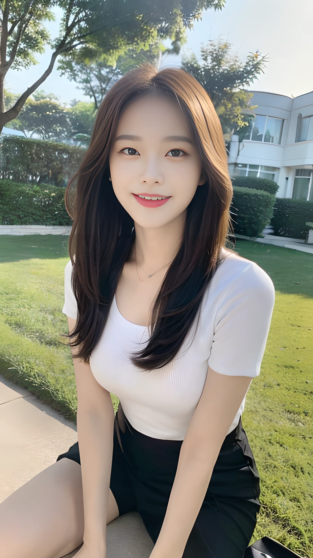 ((Best Quality, 8K, Masterpiece: 1.3)), , Focus: 1.2, Perfect Body Beauty: 1.4, Buttocks: 1.2, (Layered Haircut: 1.2)), (Dark Street: 1.3), Highly detailed face and skin texture, Full body, Fine eyes, Double eyelids, Whitened skin, Long hair, (Round face: 1.5), (Summer New Korean Fashion Women's 1.6). Smiling and sitting on the grass, standing