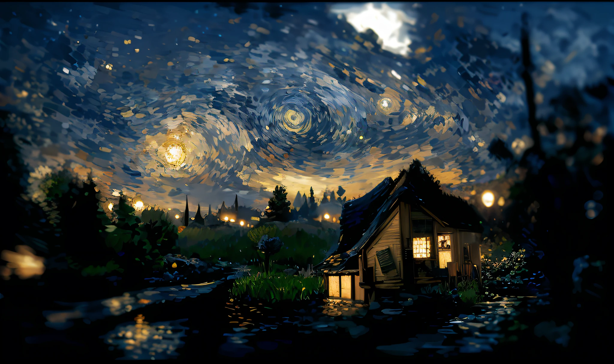 starry night scene with a small house and a pond, in style of van gogh, van gogh art style, van gogh style, vincent van gogh style, 4k highly detailed digital art, style of van gogh, starry-night!!!!!!!!!!!!!!!!!!!!, style of van gogh starry night, inspired by Van Gogh, starry night, in the starry night