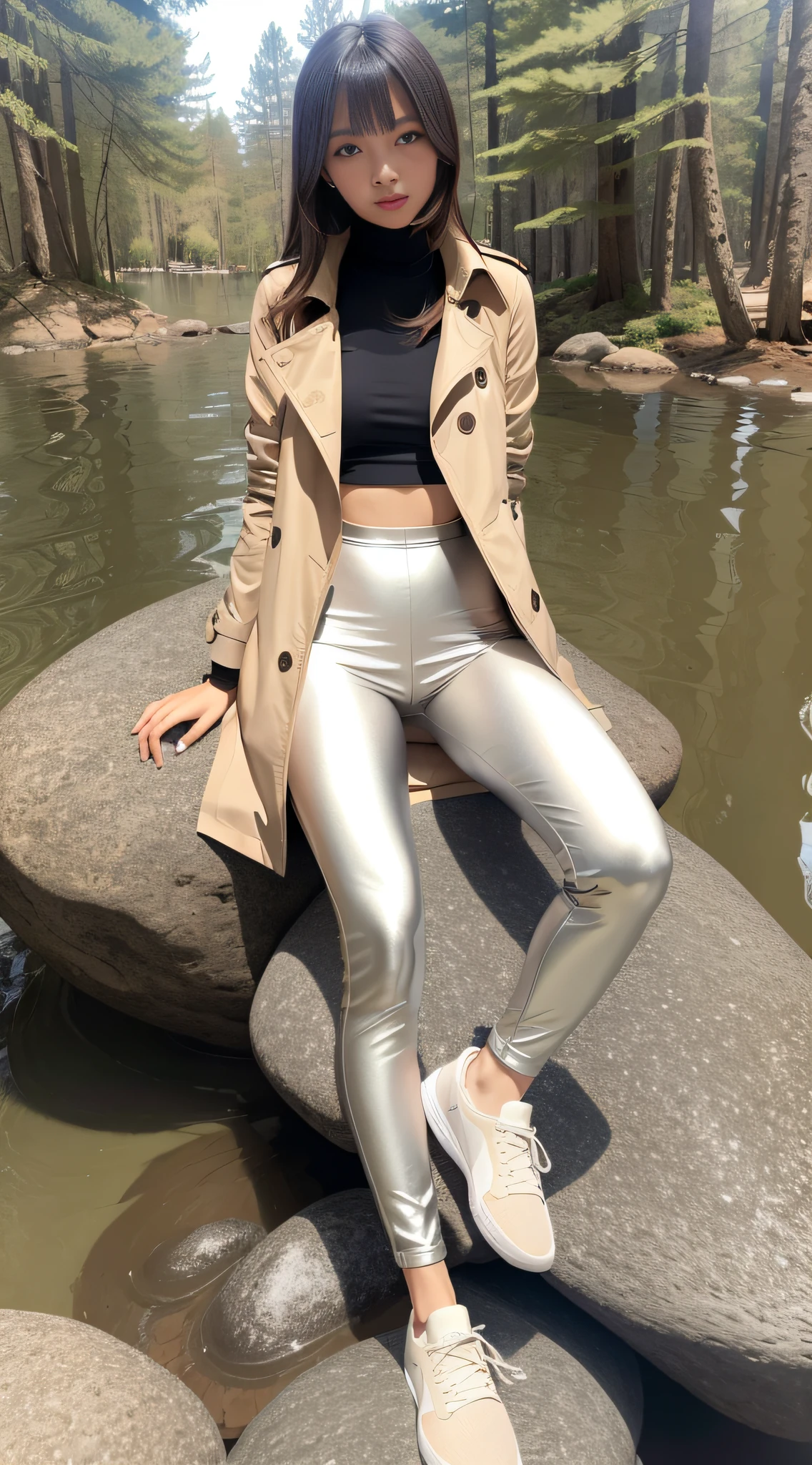 A long-legged girl wearing a beige trench coat and silver leggings, sneakers, sat on a large rock in the middle of the forest, surrounded by water