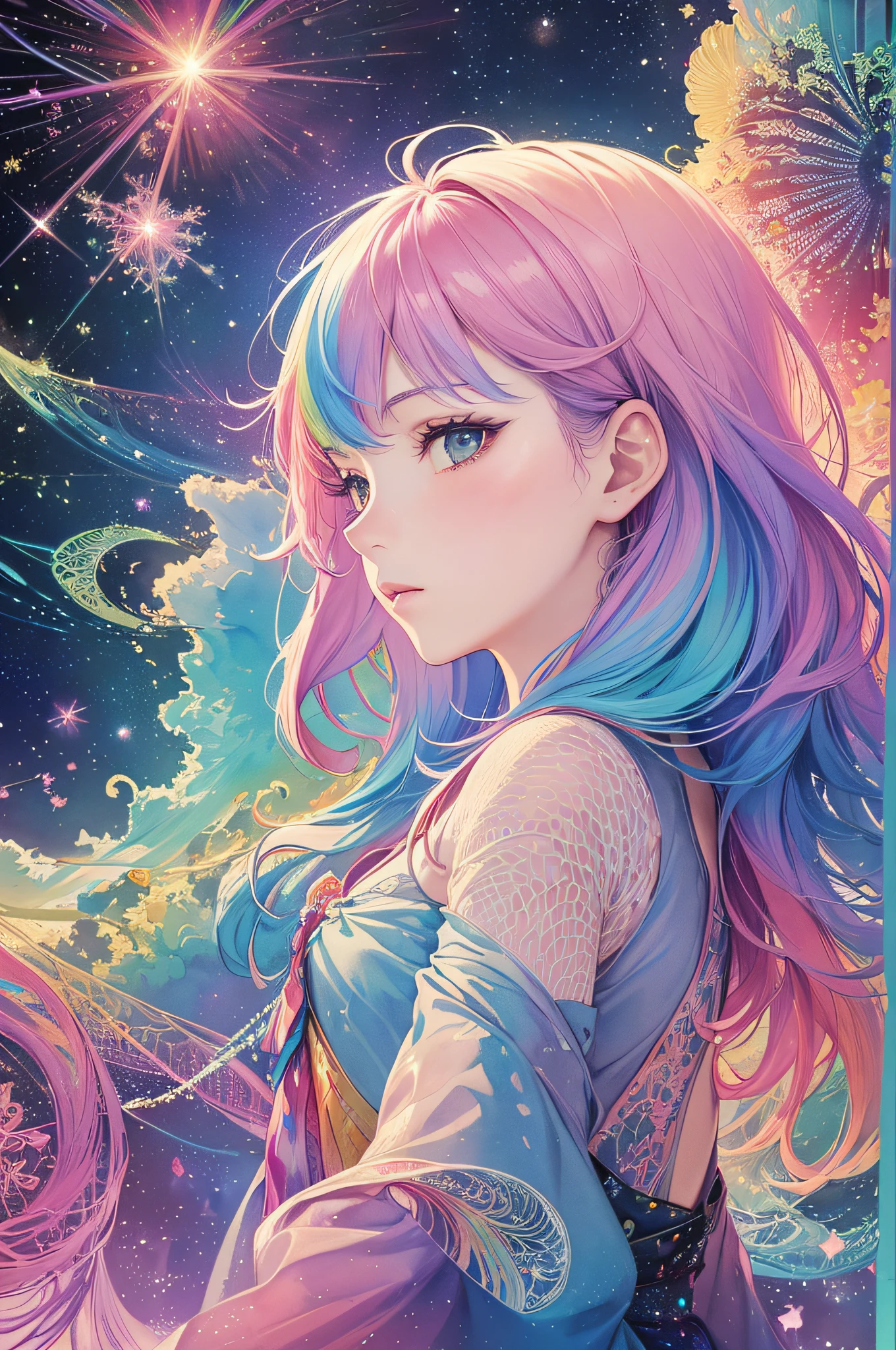 (masterpiece, top quality, best quality,watercolor (medium),official art, beautiful and aesthetic:1.2),(1girl:1.3), (fractal art:1.3),upper body, from side, looking at viewer,patterns,(rainbow color Hair,colorful hair,half blue and half pink hair:1.2),water,liquid, cloud,colorful, starry,stars,