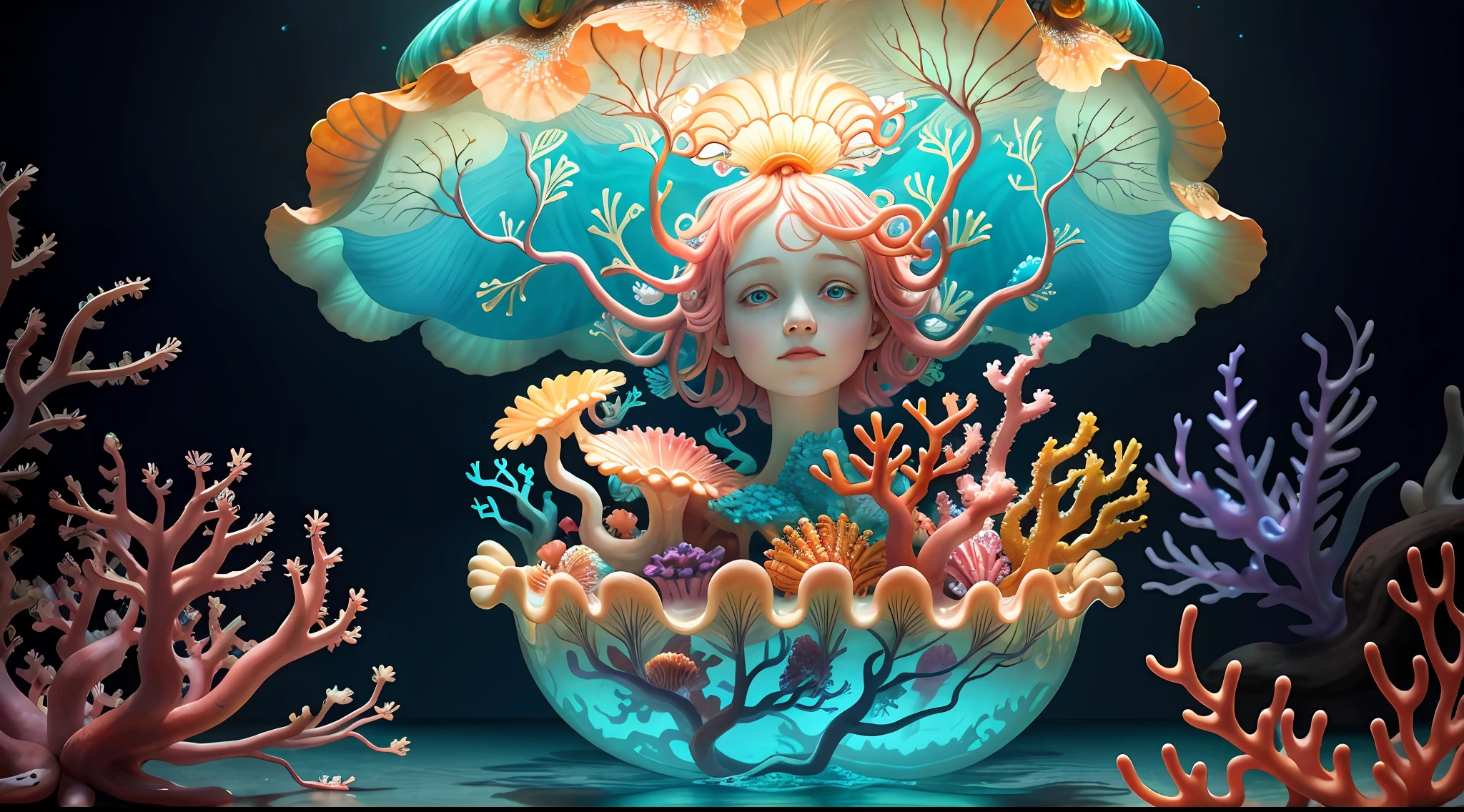 Colorful, master composition, focus on key figures, realism, masterpiece, award-winning, best quality, masterpiece, ultra-detailed, 8K, extremely detailed CG Unity 8k wallpaper, complex, highly detailed, realistic, "under water, intricate details, macro shot glowing jellyfish girl, coral, light bulb, brightness, (neutral color: 1.2), ultra-detailed, cinematic, complex background, huge ocean twisted Mandelbrot fractal shell, golden pearl nacre, hyper detail, ArtStation, Octane Renderer, (Color Acne: 1.3)",