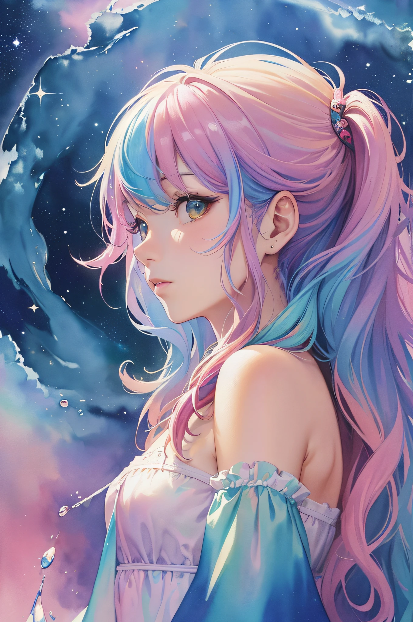 (masterpiece, top quality, best quality,watercolor (medium),official art, beautiful and aesthetic:1.2),(1girl:1.3), (fractal art:1.3),upper body, from side, looking at viewer,patterns,(rainbow color Hair,colorful hair,half blue and half pink hair:1.2),water,liquid, cloud,colorful, starry,stars,