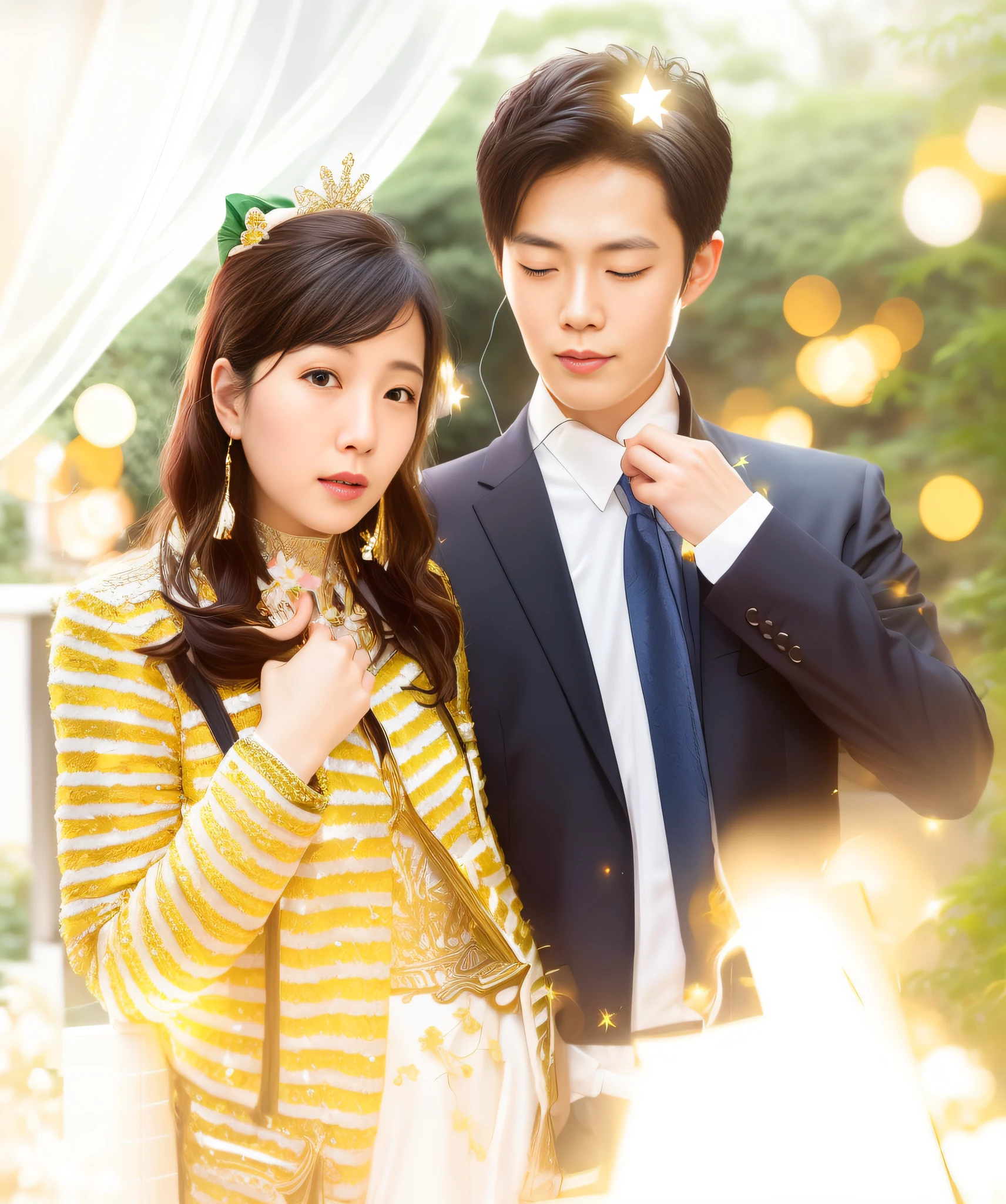 A Hong Kong couple, handsome and beautiful, garden background, sparkling stars, carefully depicted