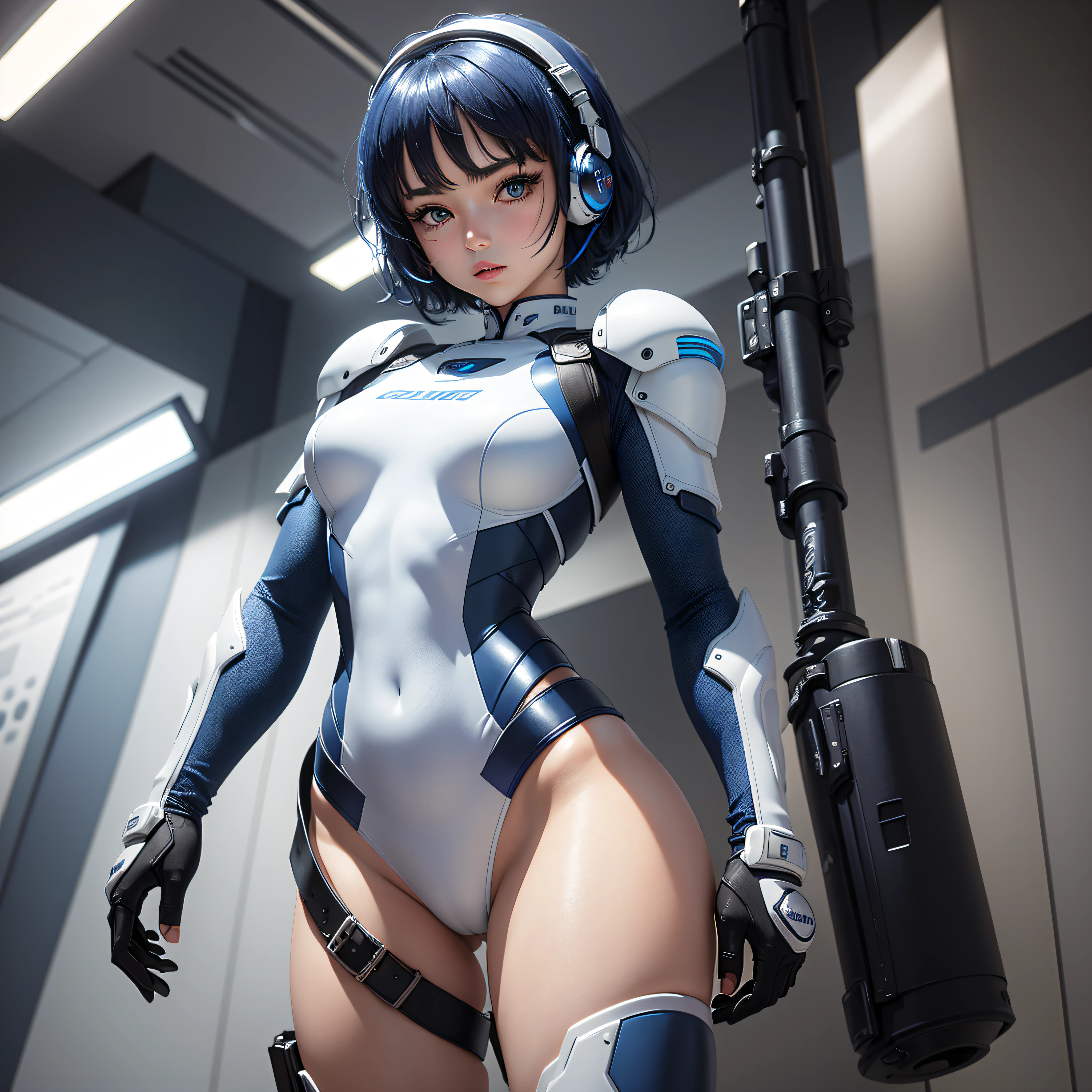 (masterpiece, highest quality, highest resolution, distinct_image, detailed details): (Solo, lone girl, face is Japan person, short cut, blue-haired girl, full body figure, (perfect body: 1.4), sparkly blue color eyes, white and blue, black color pilot suit, tight fit clothes, clothes that cover the whole body, very delicate and beautiful, detailed skin, slim body, exoskeleton, Heroine, headset, boots)