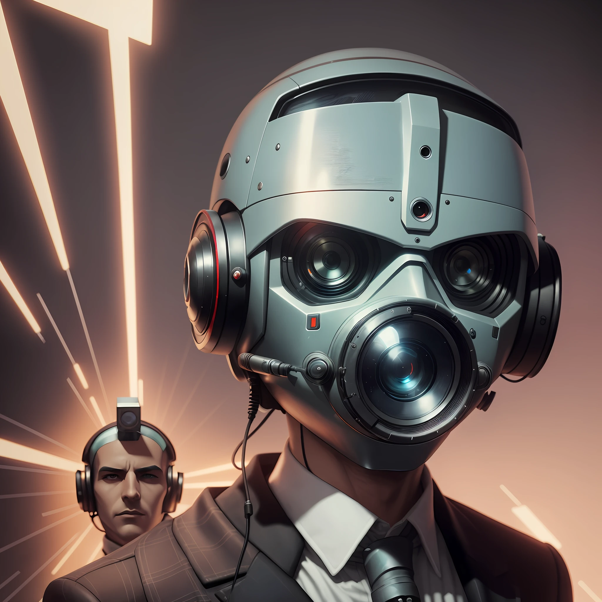 there is a man wearing a suit and a gas mask, futuristic spy, in style of beeple, hyper-realistic cyberpunk style, soviet style cyberpunk, beeple and greg rutkowski, in cyberpunk style, has cyberpunk style, muted cyberpunk style, cyberpunk style , hyperrealistic, futuristic gas mask, cyberpunk art ultrarealistic 8k