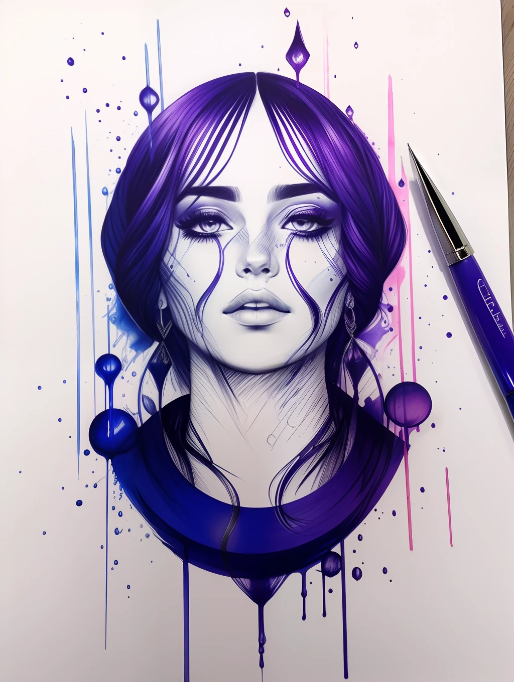 Ballpoint portrait sketch blua, dripping