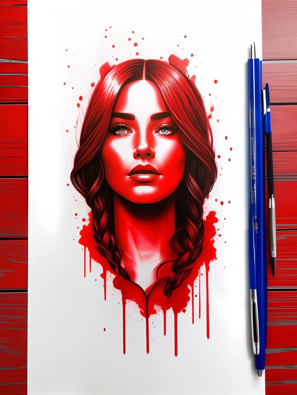 Ballpoint portrait sketch red, dripping