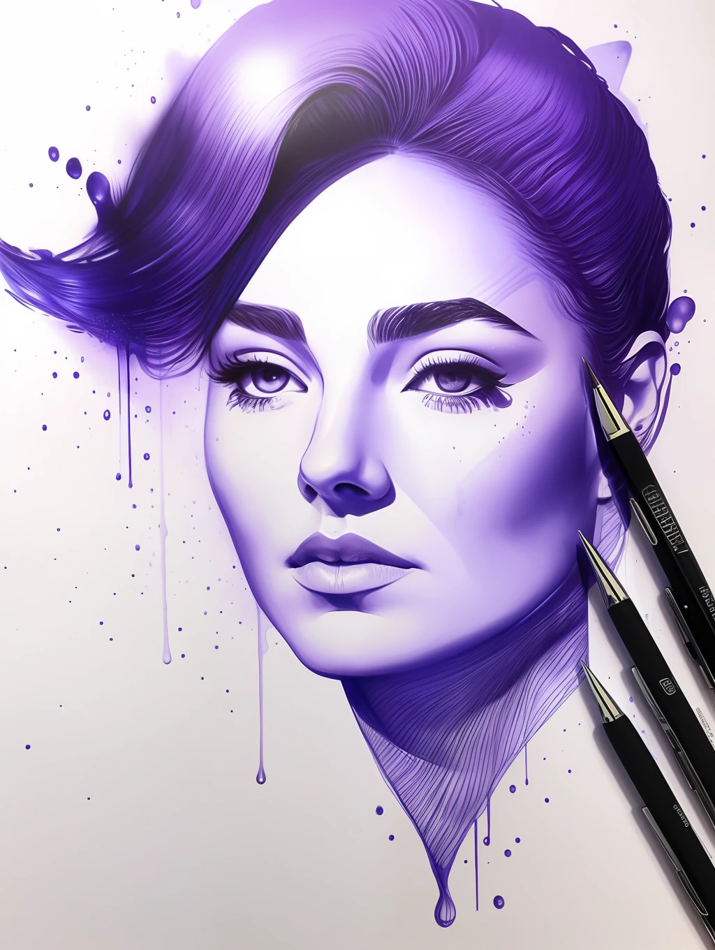 Ballpoint portrait sketch blua, dripping