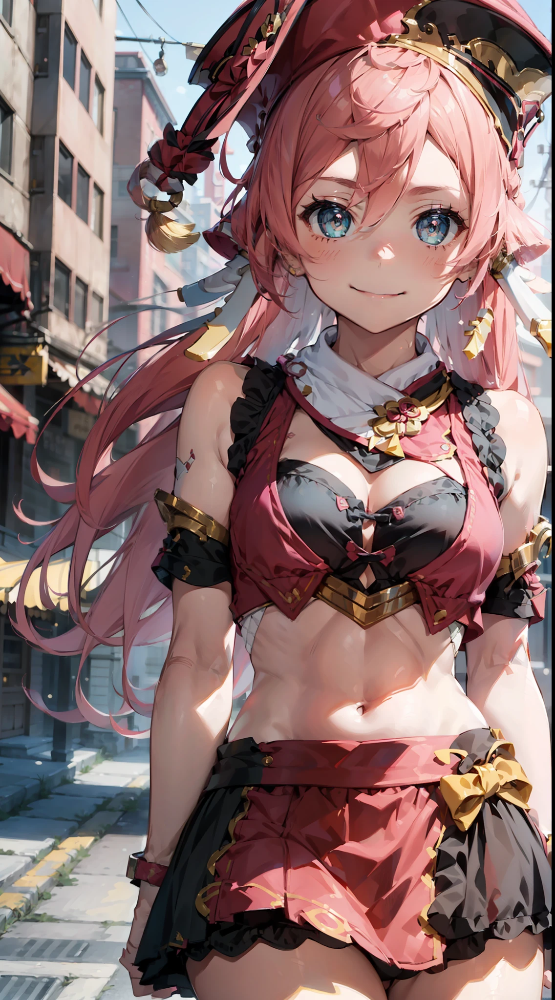 1girl, (solo:1.2), ((masterpiece)), [slim], (small chest), ((detailed eyes)), (bokeh effect), dynamic pose, medium shot, yanfei, pink hair, red headwear, closed mouth, smiling, (pink theme), pink skirts, middriff