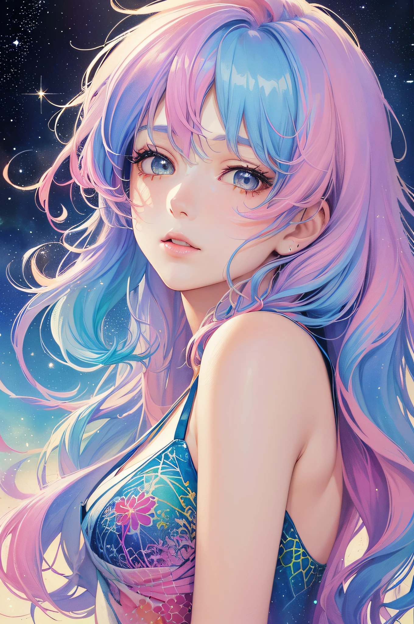 (masterpiece, top quality, best quality,watercolor (medium),official art, beautiful and aesthetic:1.2),(1girl:1.3), (fractal art:1.3),upper body, from side, looking at viewer,patterns,(rainbow color Hair,colorful hair,half blue and half pink hair:1.2),water,liquid, cloud,colorful, starry,stars,