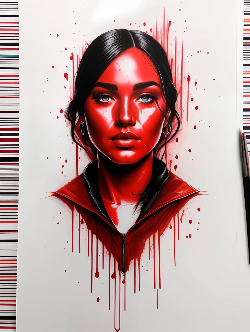 Ballpoint portrait sketch red, dripping