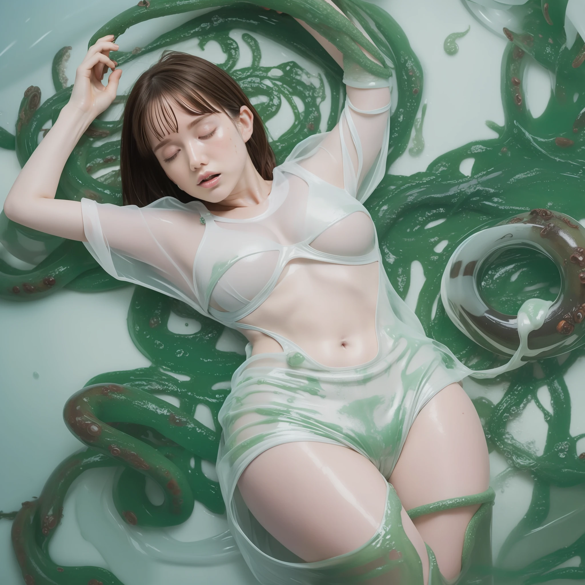 Young woman, perfect figure, wearing a squirming tentacle suit, wet white slime, erotic pose, looking up, releasing thighs, solo, yawning, big, (reach: 1.2), lying down, from above, arms stretched, anger, bed, rough breath, inviting sexual expression, masterpiece, (brown medium hair: 1.3), (fertilized), (slime underwear), liquid dripping from the tips of tentacles, slime hair, Slime Skin