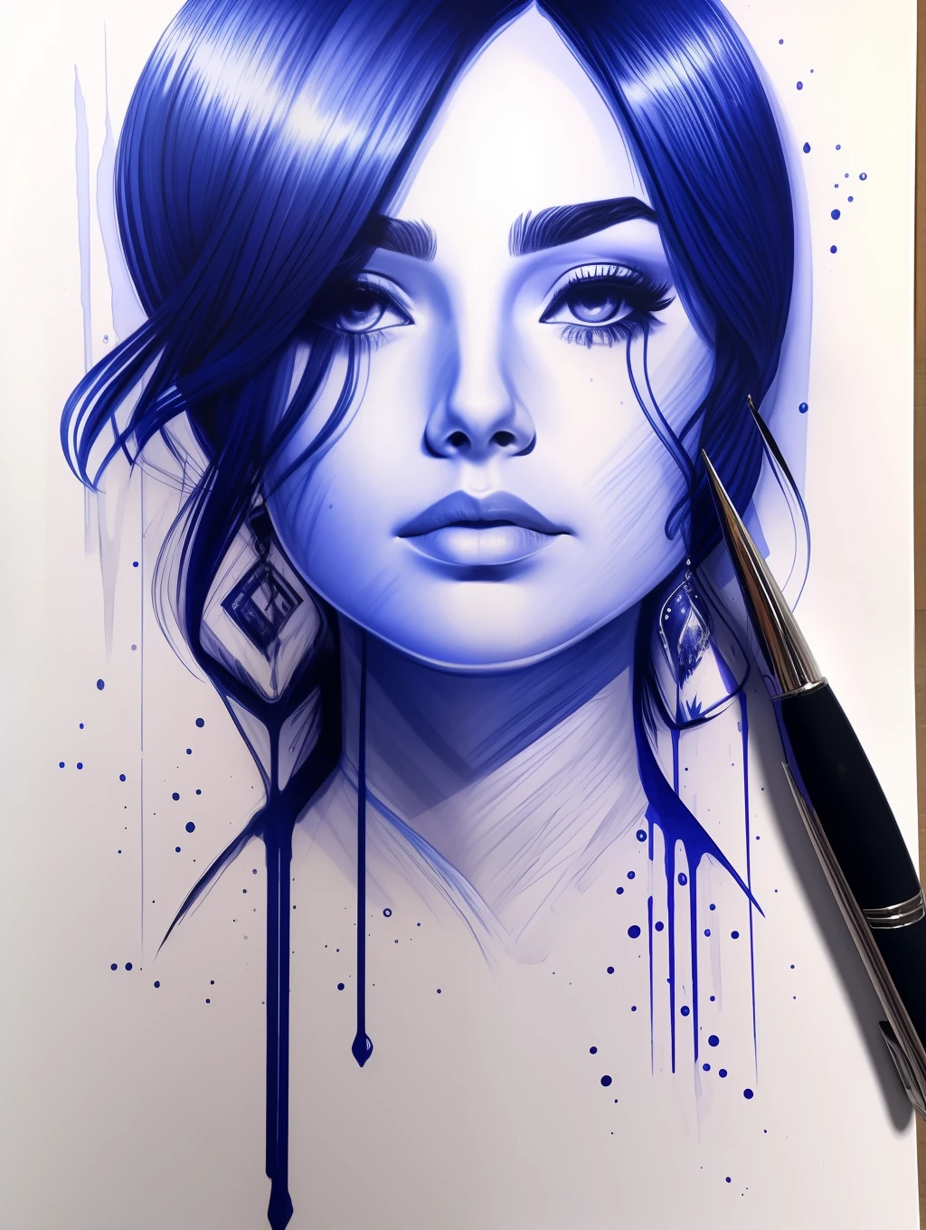 Ballpoint portrait sketch blua, dripping