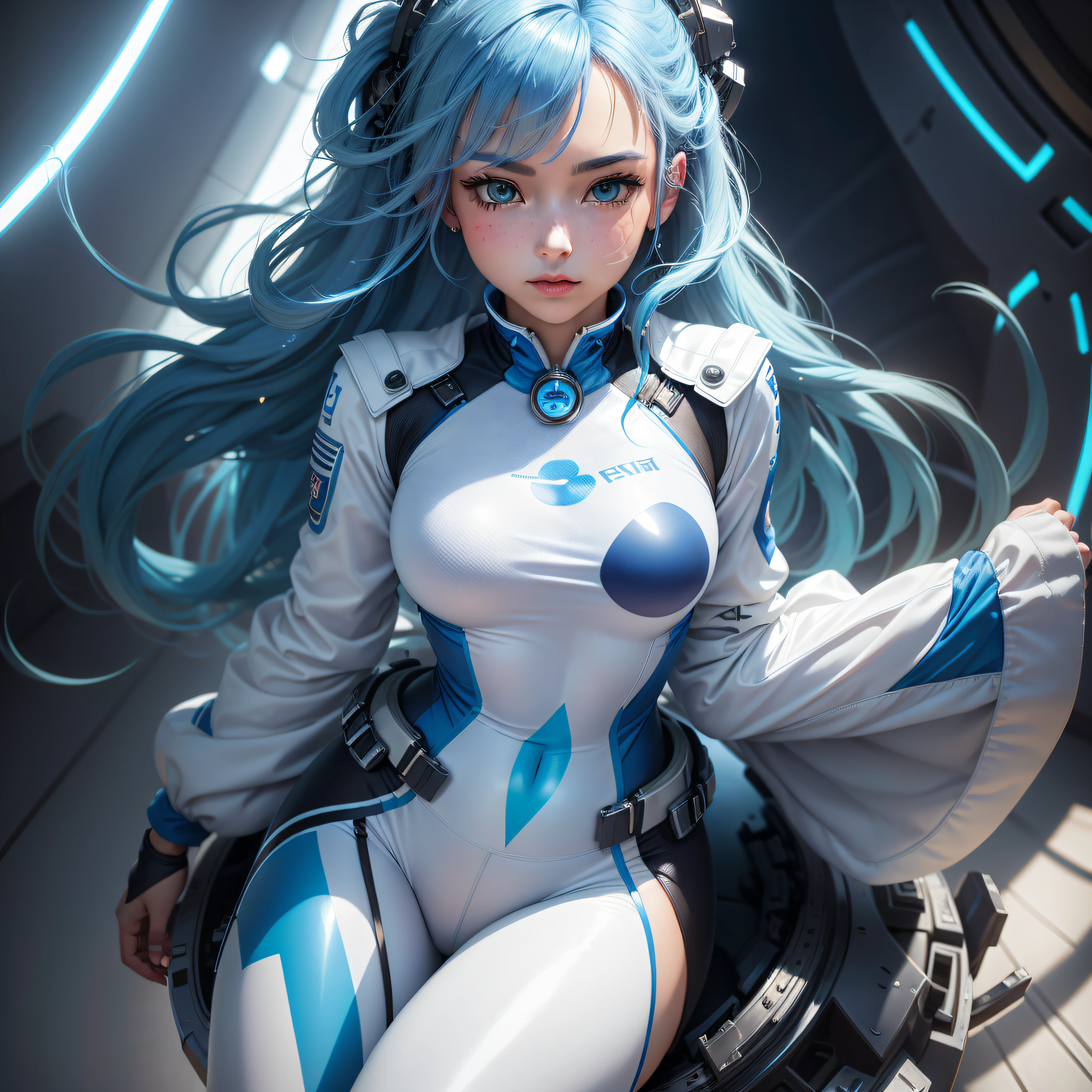 (Super elaborate CG Unity 8K wallpaper, masterpiece, highest quality): (Solo girl, solo, Japan face, 1 girl, sparkly blue colored eyes, blue hair, white and blue color flight suit, tight fit clothes, clothes that cover the whole body, beauty, gentle expression)