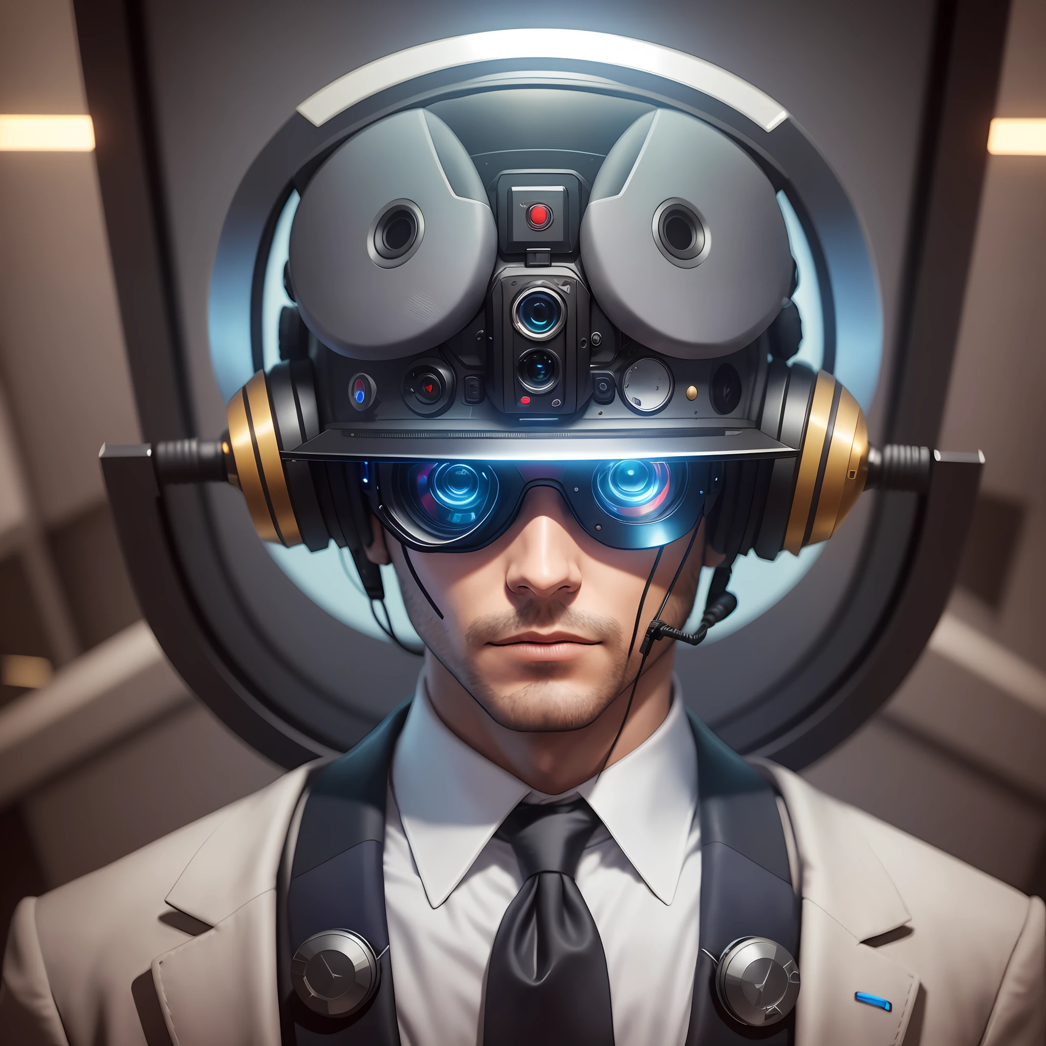 there is a man wearing a suit and tie with a helmet on, hyper-realistic cyberpunk style, futuristic spy, vr helmet on man, cyberpunk headset, sci - fi pilot, cyborg robot wearing vr headset, cyberpunk art ultrarealistic 8k, cyberpunk style ， hyperrealistic, futuristic vr headset, cyberpunk transhumanist, with futuristic gear and helmet