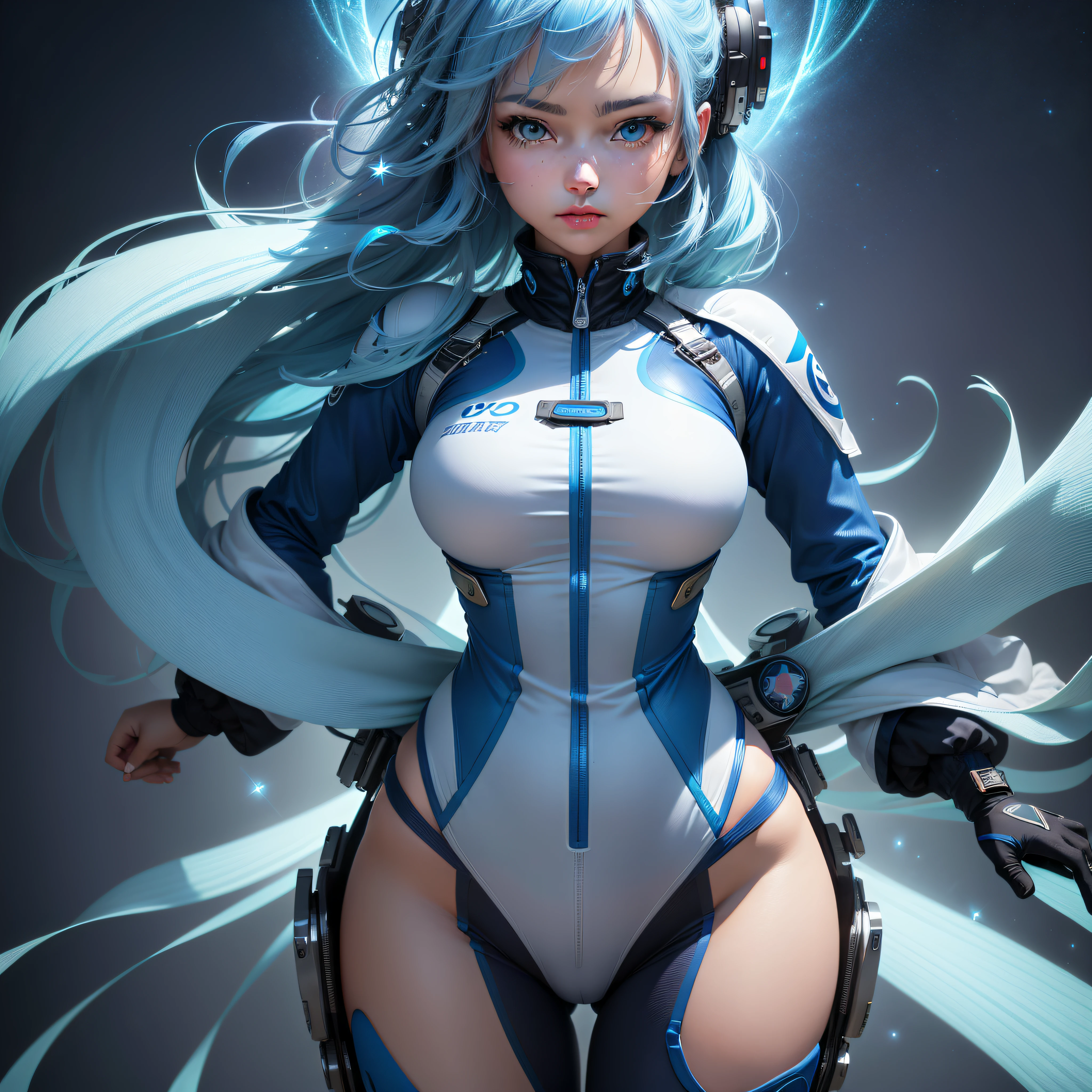 (Super elaborate CG Unity 8K wallpaper, masterpiece, highest quality): (Solo girl, solo, Japan face, 1 girl, sparkly blue colored eyes, blue hair, white and blue color flight suit, tight fit clothes, clothes that cover the whole body, beauty, gentle expression)