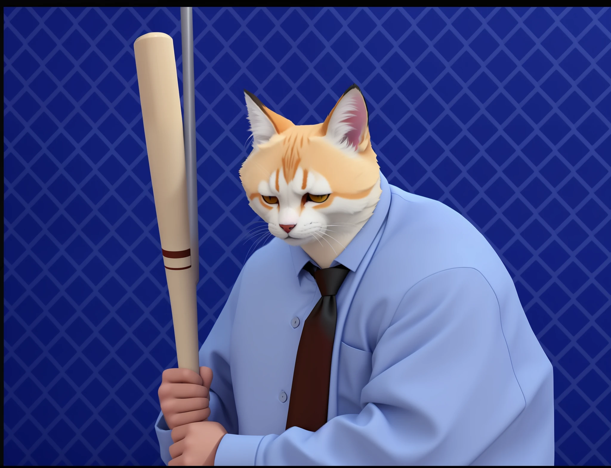 arafed cat in a shirt and tie holding a baseball bat, holding a baseball bat!!, holding a baseball bat, as a fortnite character, catman, chonker cat, holding bat, sfw version, baseball bat, wearing a fisher 🧥, with a white muzzle, meme template, shiba inu holding a baseball bat, pissed off, scratchy