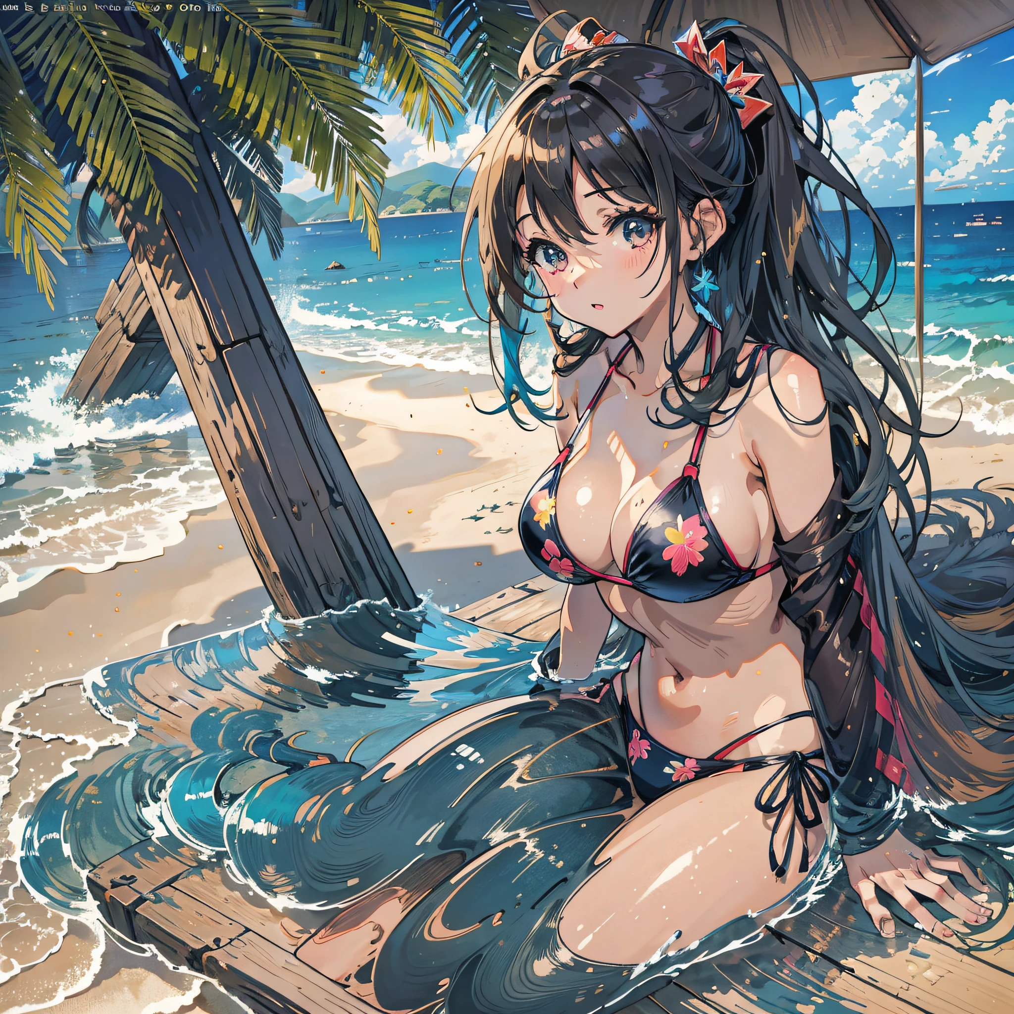 there is a woman in a bikini sitting on a wooden box, beautiful anime girl squatting, at the beach, realistic bikini, on a beach, [ 4 k digital art ]!!, overlooking the beach, in the beach, at a beach, trending on cgstation, sexy pose, on a sunny beach, on the beach, smooth anime cg art, seductive anime girl --auto --s2