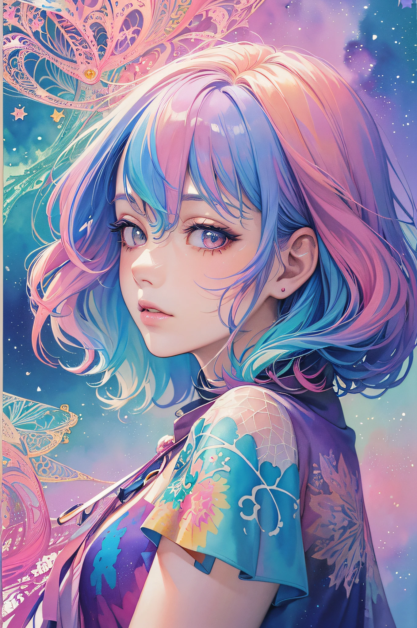 (masterpiece, top quality, best quality,watercolor (medium),official art, beautiful and aesthetic:1.2),(1girl:1.3), (fractal art:1.3),upper body, from side, looking at viewer,patterns,(rainbow color Hair,colorful hair,half blue and half pink hair:1.2),water,liquid, cloud,colorful, starry,stars,