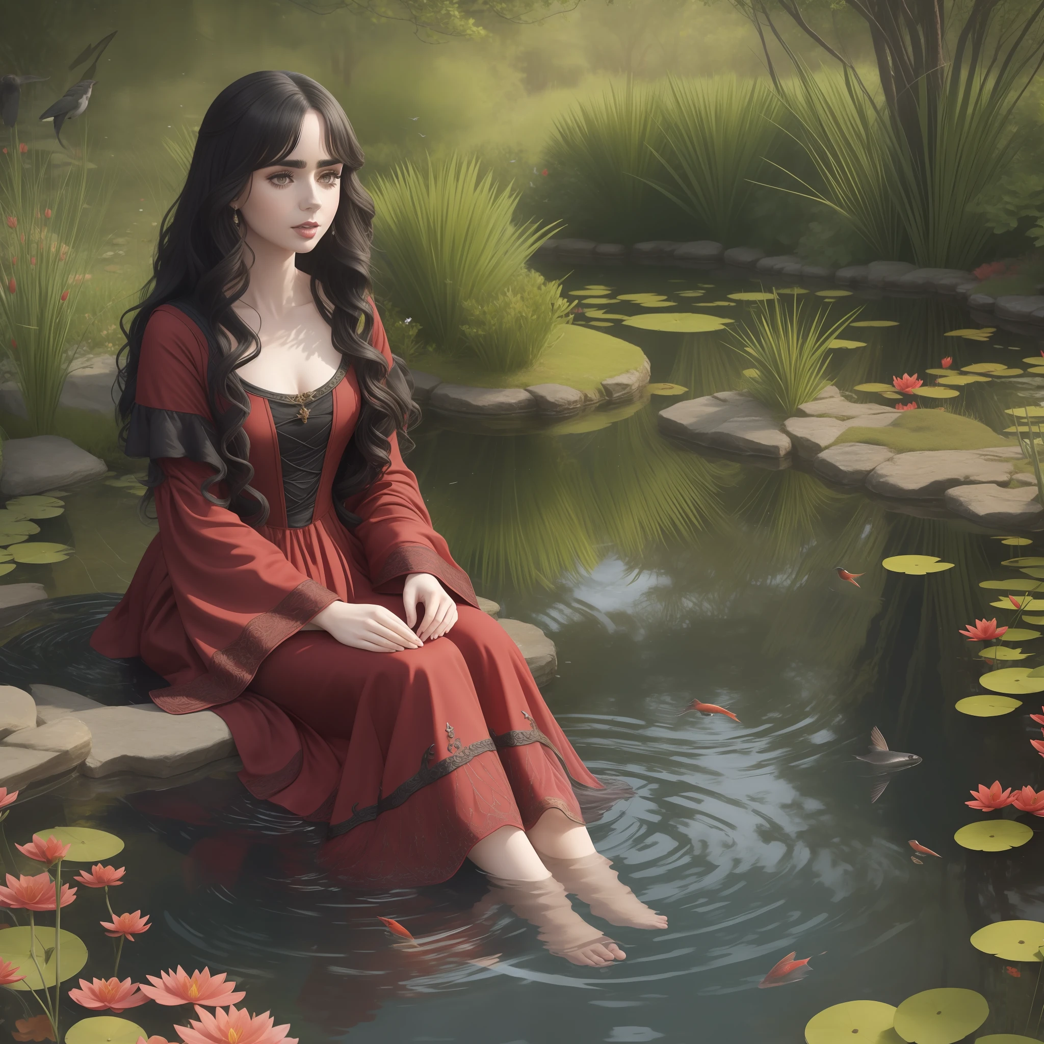 Lily Collins curly black hair, wearing a detailed medieval red dress sitting on the edge of a pond in a garden with her feet in the crystal clear water with fish and birds flying