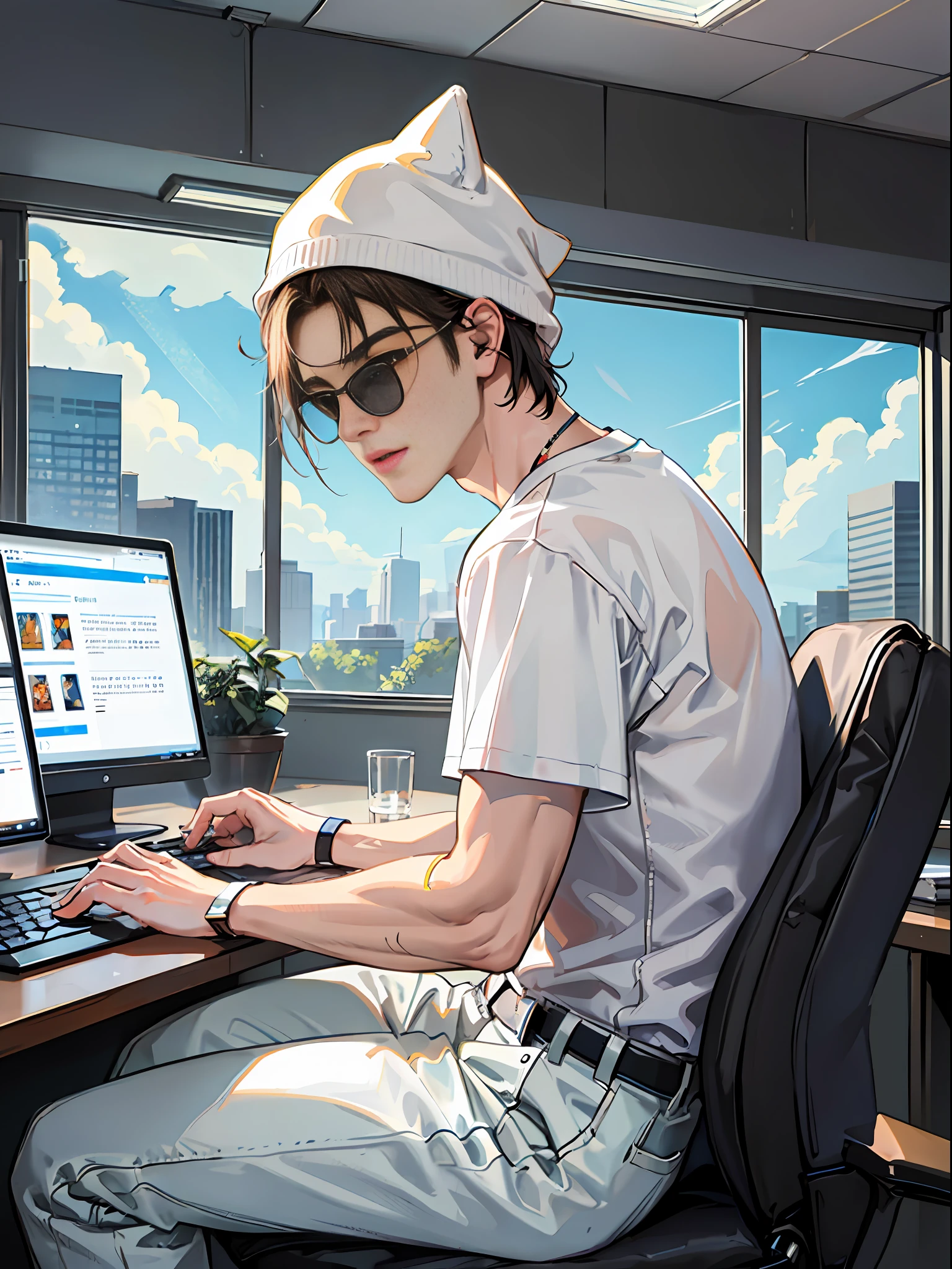 (A male student wearing a white T-shirt and sunglasses sits in front of the computer, with his back facing the camera: 1.8)(Casual and relaxed attire of the white T-shirt: 1.9)(Cool and stylish addition of sunglasses: 1.7)(Focused and engaged expression as he works on the computer: 1.8)(Modern and tech-savvy environment with computer equipment: 1.5)