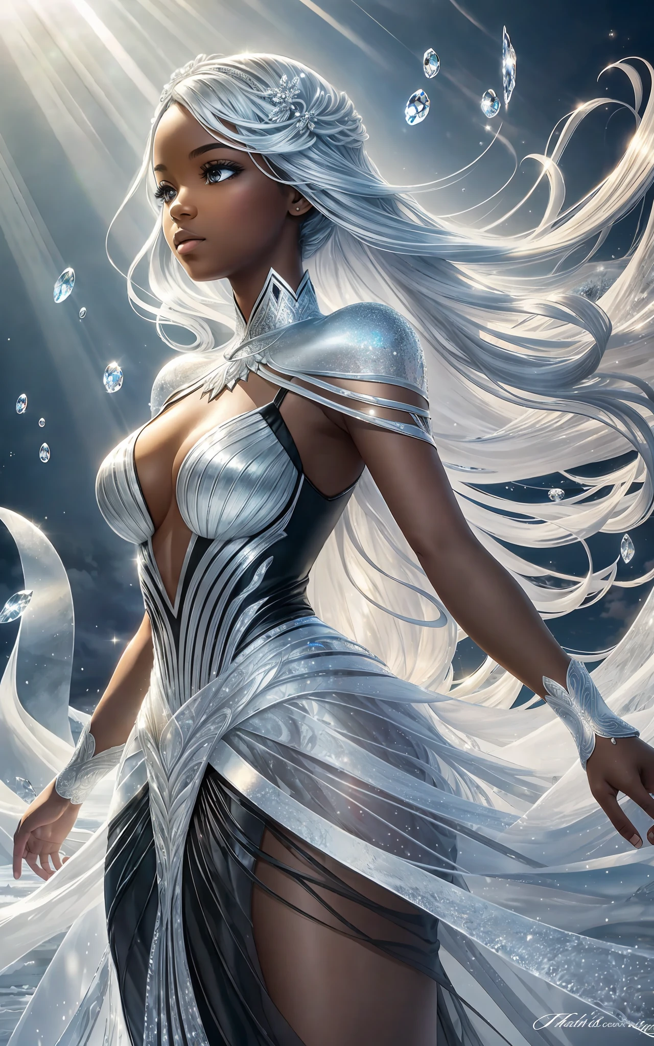 award winning 64k concept art of (black 1girl:1.2) in white majestic open dress standing proudly on the ice, posing, epic, god rays, centered, (masterpiece:1.2), (best quality:1.2), Amazing, highly detailed, beautiful, finely detailed, warm soft color grading, Depth of field, extremely detailed 64k, fine art, stunning, iridescent, shiny, (light reflections:1.2), (crisp:1.5), silver curls, wind, vibrant, sunlit, (edge detection:1.2), absurdres, impressive, 120mm