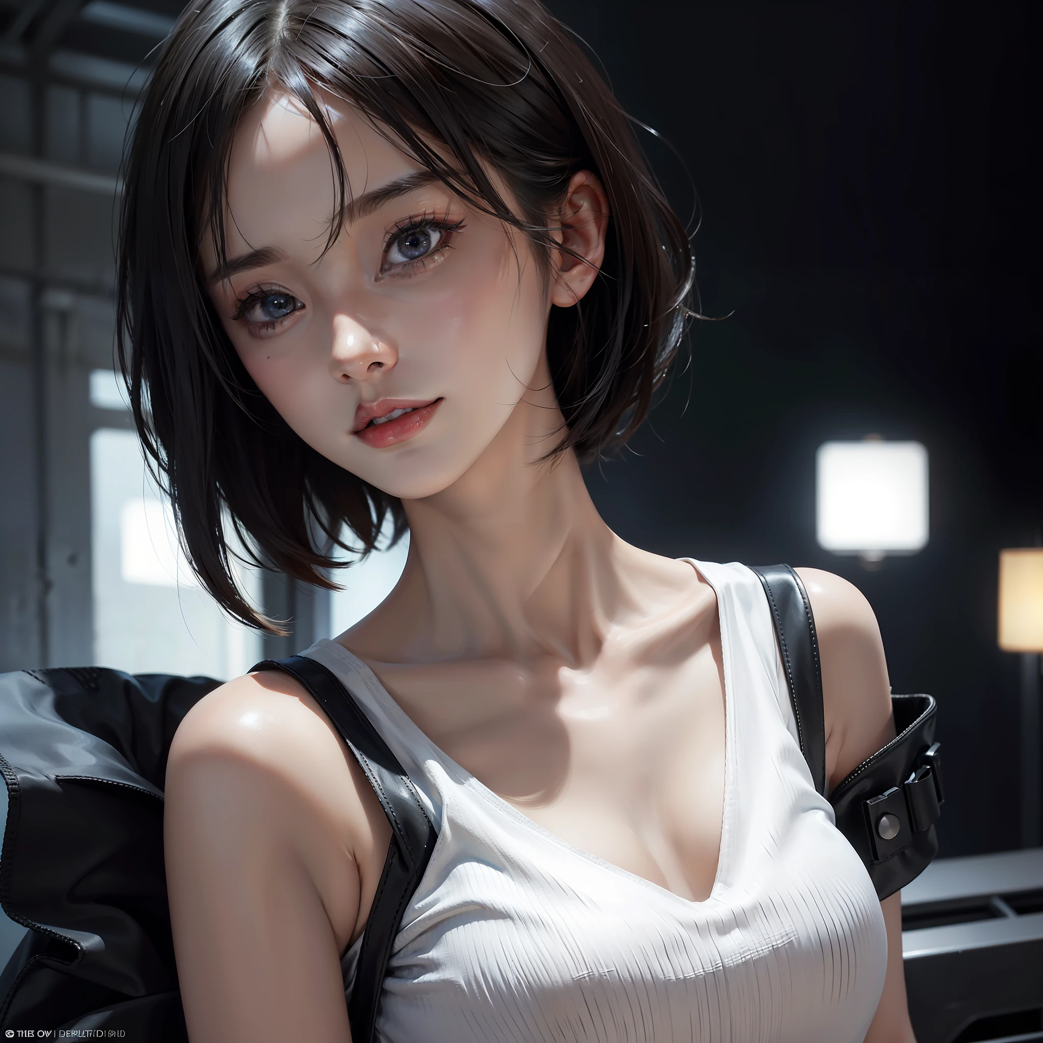 Masterpiece, 1 Beautiful Girl, Detailed, Swollen Eyes, Top Quality, Ultra High Resolution, (Reality: 1.4), Original Photo, 1Girl, Cinematic Lighting, Smiling, Japanese, Asian Beauty, Korean, Clean, Super Beautiful, Little Young Face, Beautiful Skin, Slender, Cyberpunk Background, (ultra realistic), (high resolution), (8K), (very detailed), (best illustration), (beautifully detailed eyes), (super detailed), (wallpaper), (detailed face), viewer looking, fine details, detailed face, pureerosfaceace_v1, smiling, 46 point slanted bangs, short hair, facing straight ahead facing, neat clothes, black colored eyes, clothes (white sleeveless), body facing front, cyberpunk background,