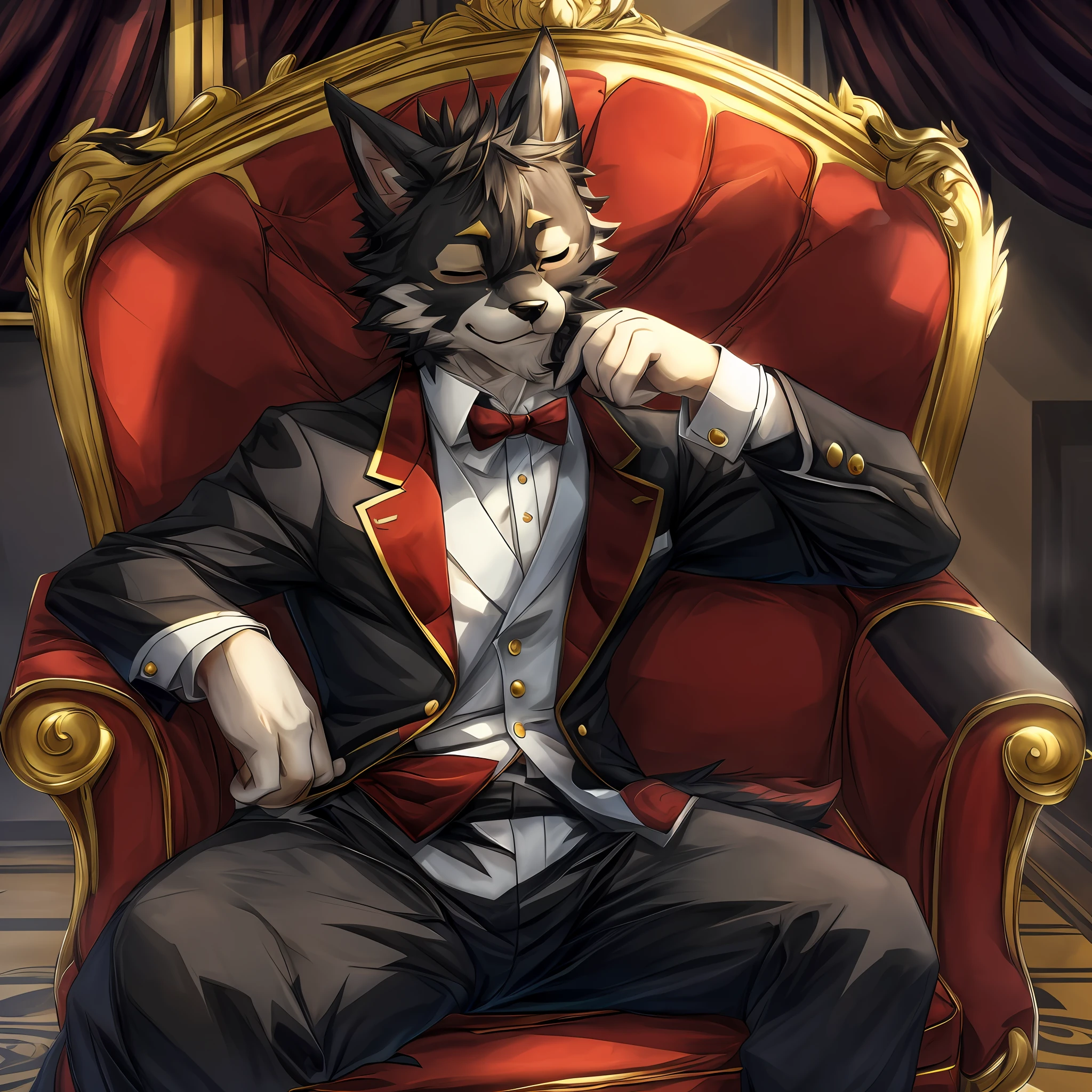 top quality, best quality, masterpiace, super high resolution, detailed background, spotlight, concert(highly detailed beautiful face and eyes)absurdres, perfect anatomy(handsome 1boy, kemono, solo focus, tuxedo)(furry)(furry anthro:1.7)(Furry body, dog facial features, dog body features)(very detailed body fur)full body, sitting, closed eyes, An opulent red velvet single-seat sofa with a sense of grandeur, adorned with lavish armrests, smile, portrait,