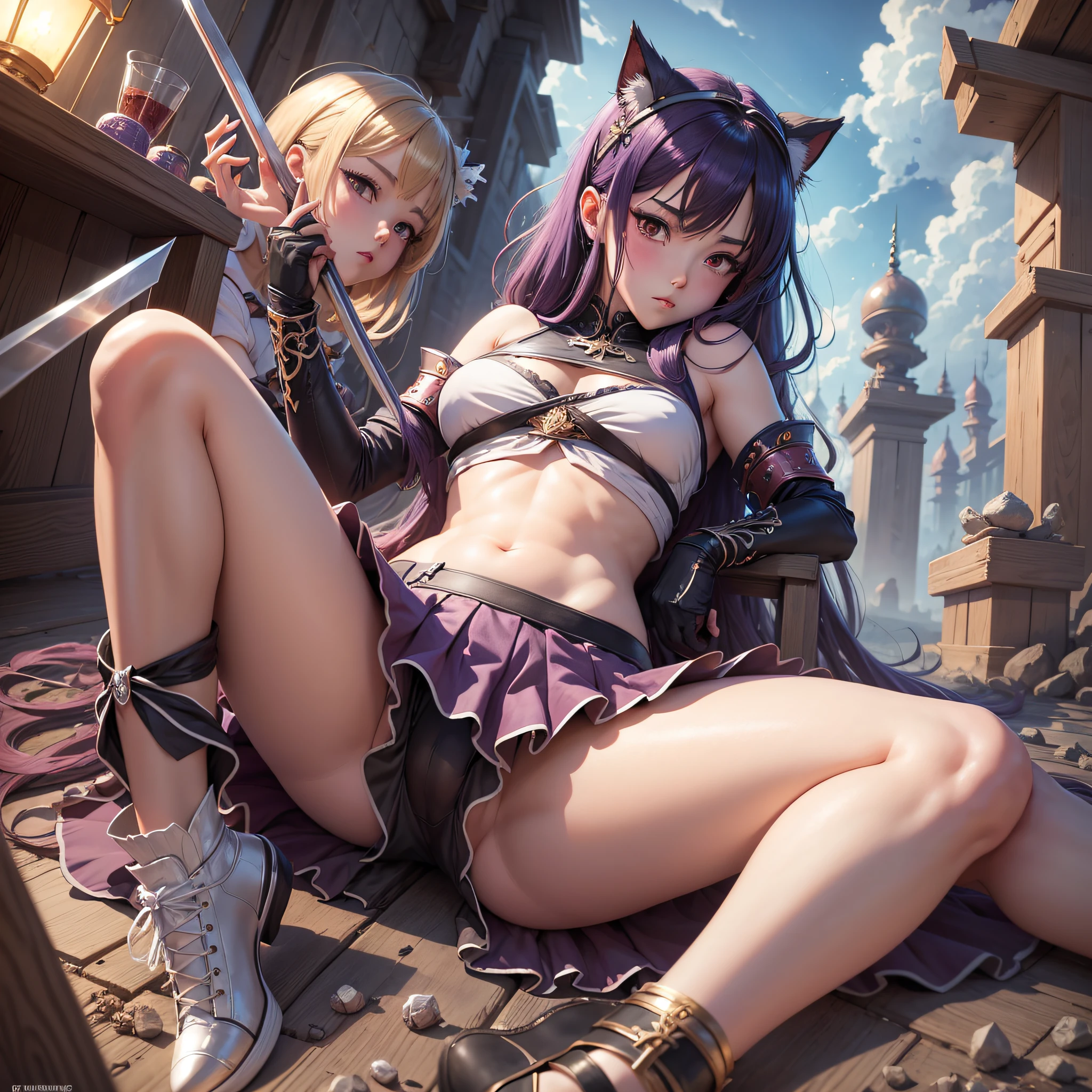 ((Anime style)) Girls. A world of swords and sorcery. Underwear. Pubic hair. Miniskirt. Lying down and lifting her skirt. --auto --s2